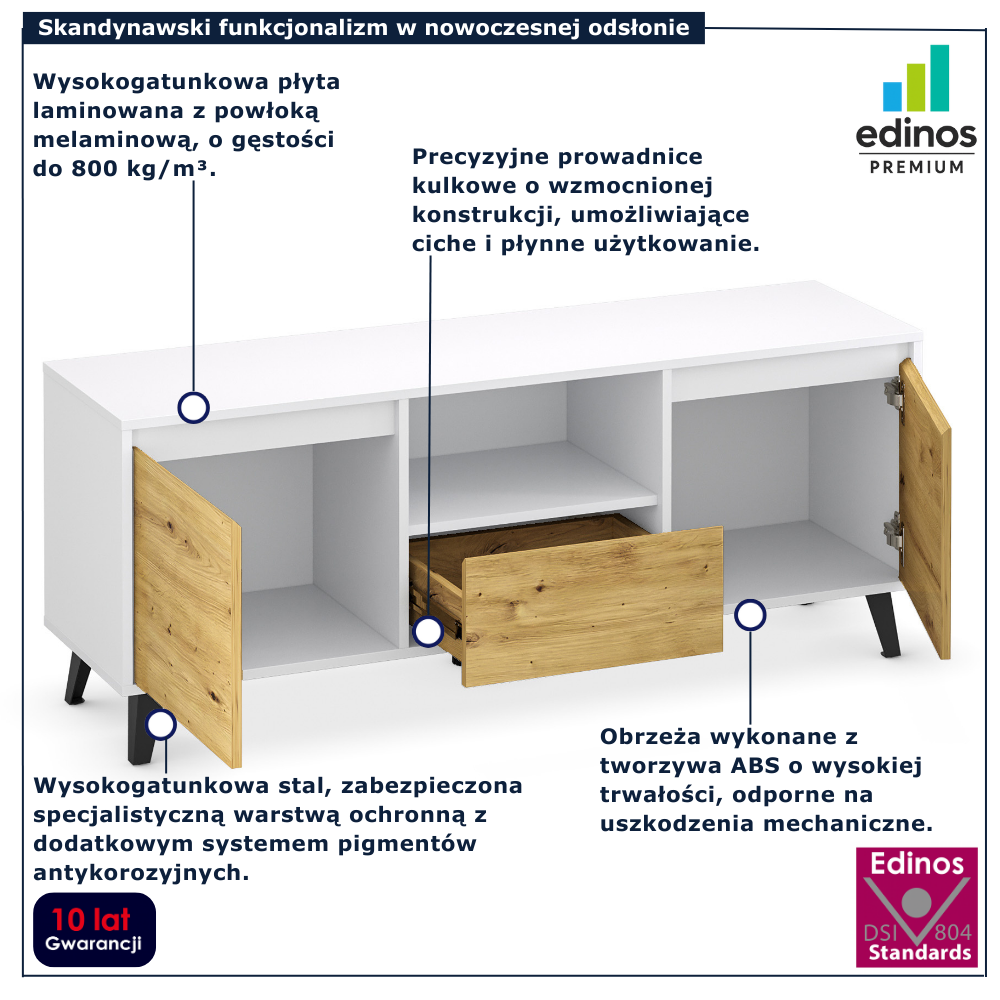Skandynawska szafka RTV z szufladą Bilgo 9X biały + dąb artisan