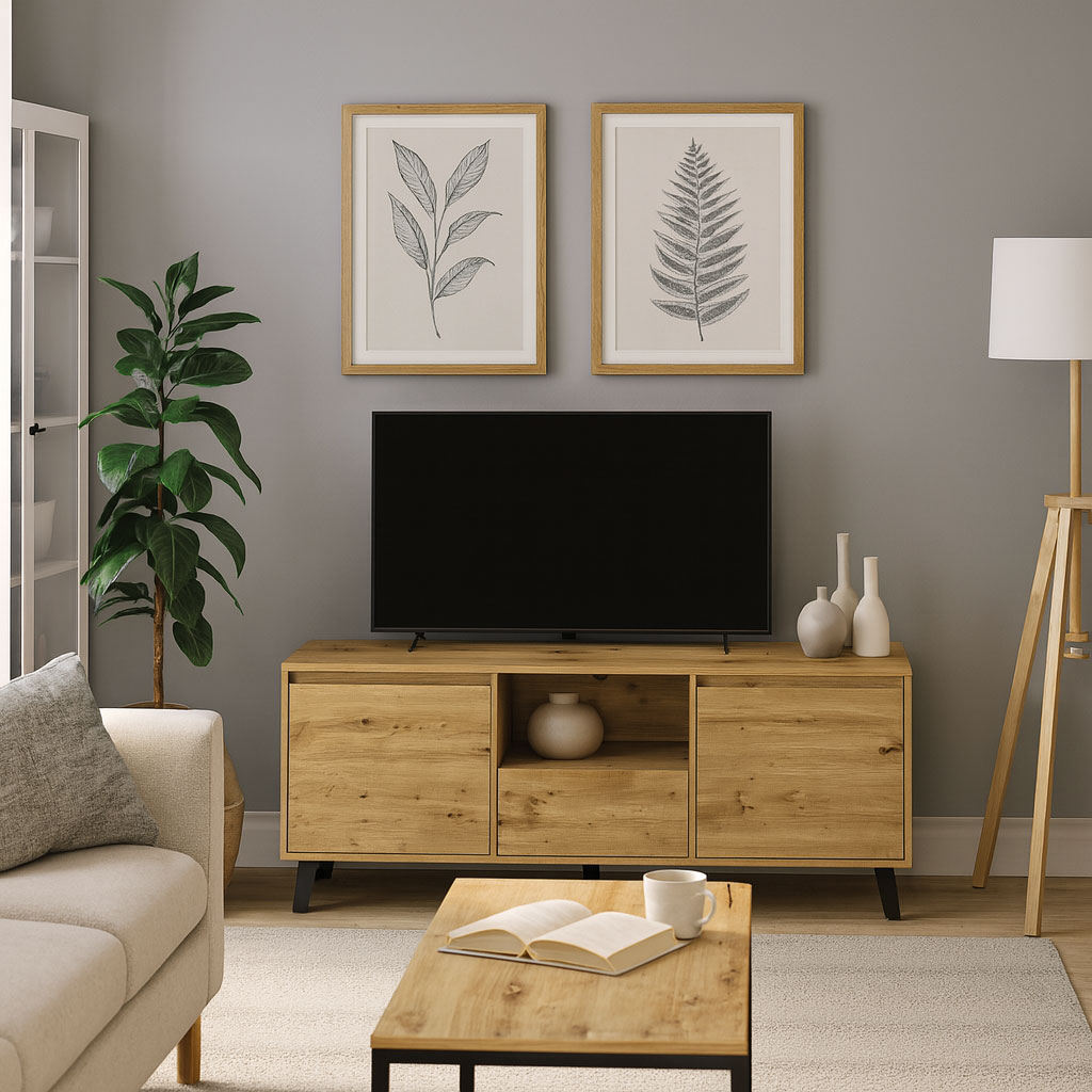 Wnętrze z szafką RTV na nóżkach Bilgo 9X dąb artisan