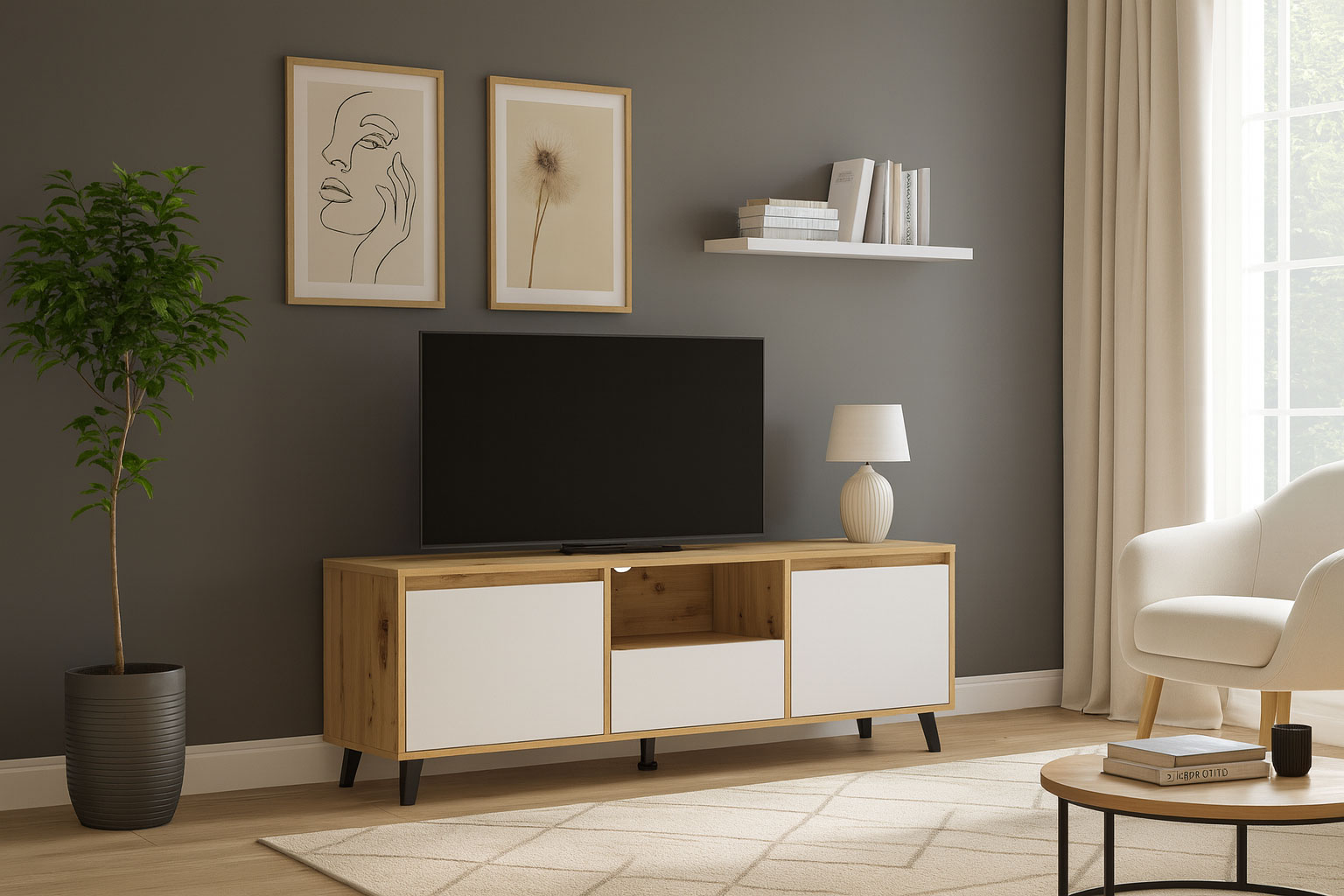 Wnętrze z szafką pod TV na nóżkach Bilgo 9X dąb artisan + biały