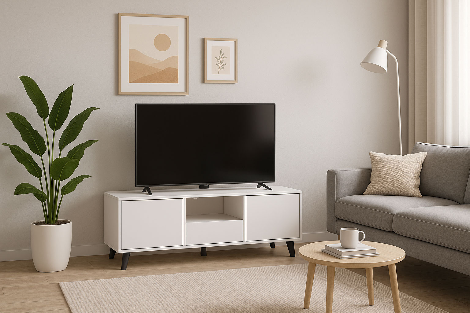 Salon z kaszmirową szafką pod TV na nóżkach Bilgo 9X