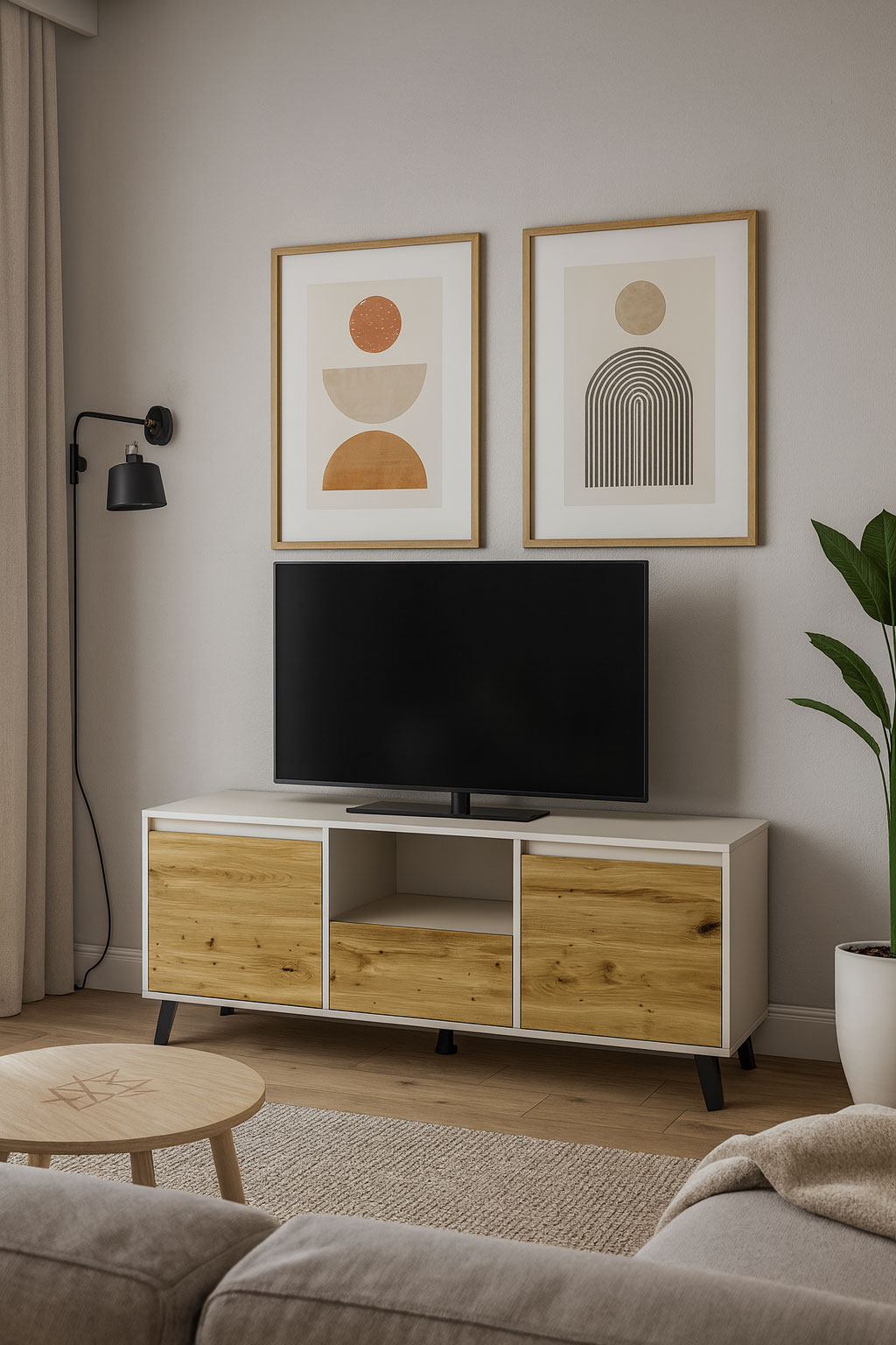 Salon z skandynawską szafką pod TV na nóżkach Bilgo 9X kaszmir + dąb artisan