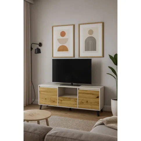 Salon z wykorzystaniem skandynawskiej szafki RTV kaszmir + dąb artisan Bilgo 9X