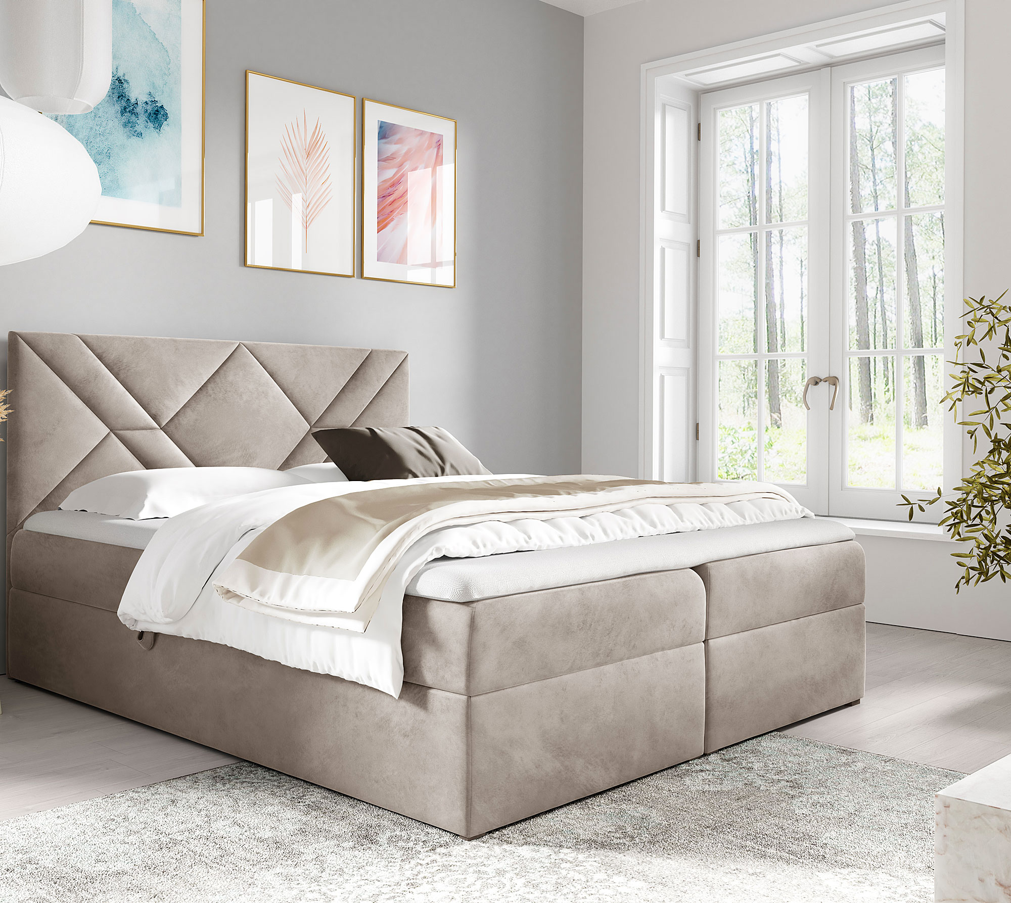 Aranżacja wnętrza z kremowym łóżkiem Velvaro