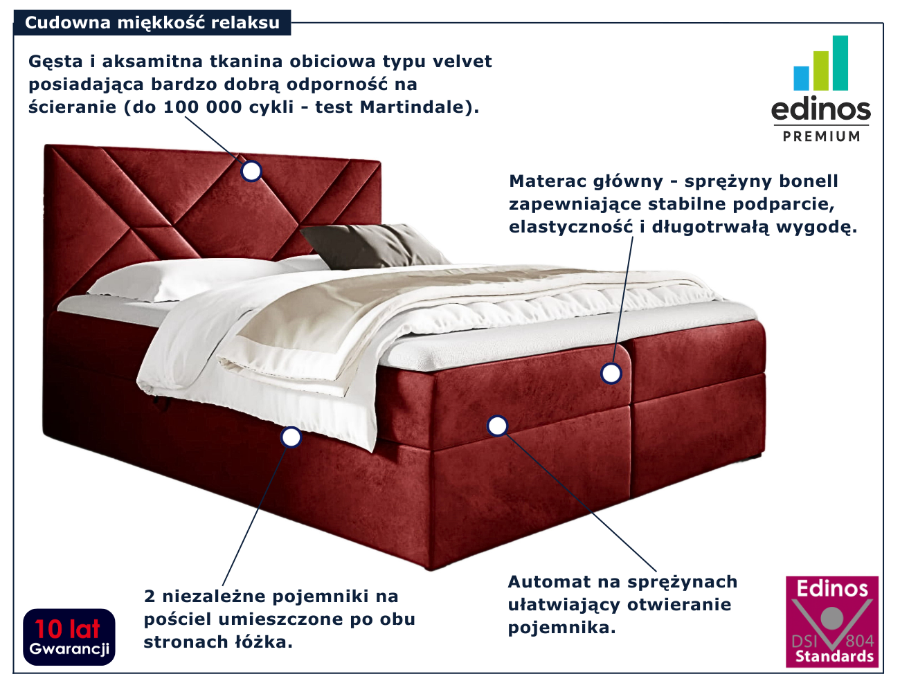 Czerwone nowoczesne łóżko kontynentalne Velvaro