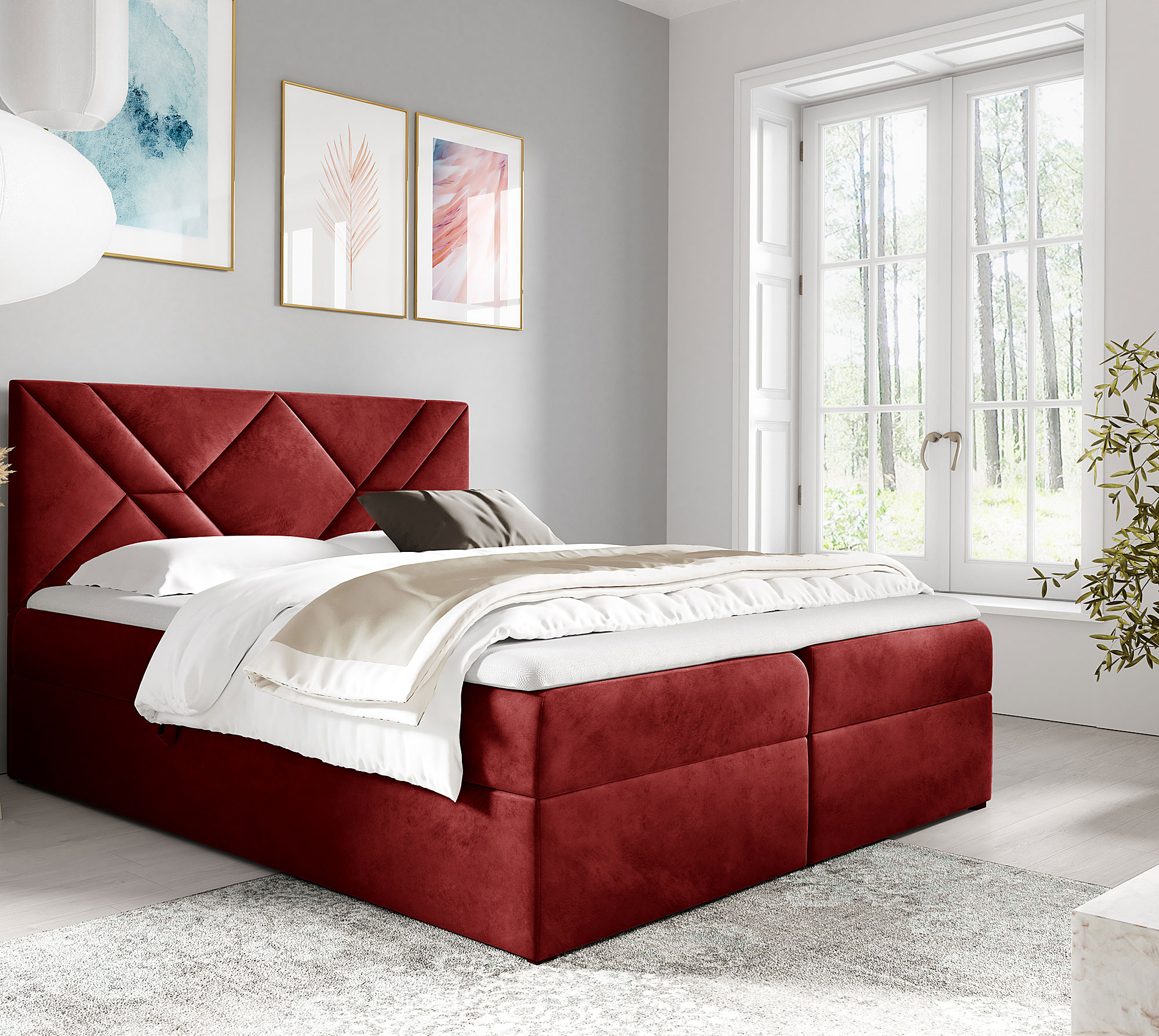 Aranżacja wnętrza z czerwonym łóżkiem Velvaro