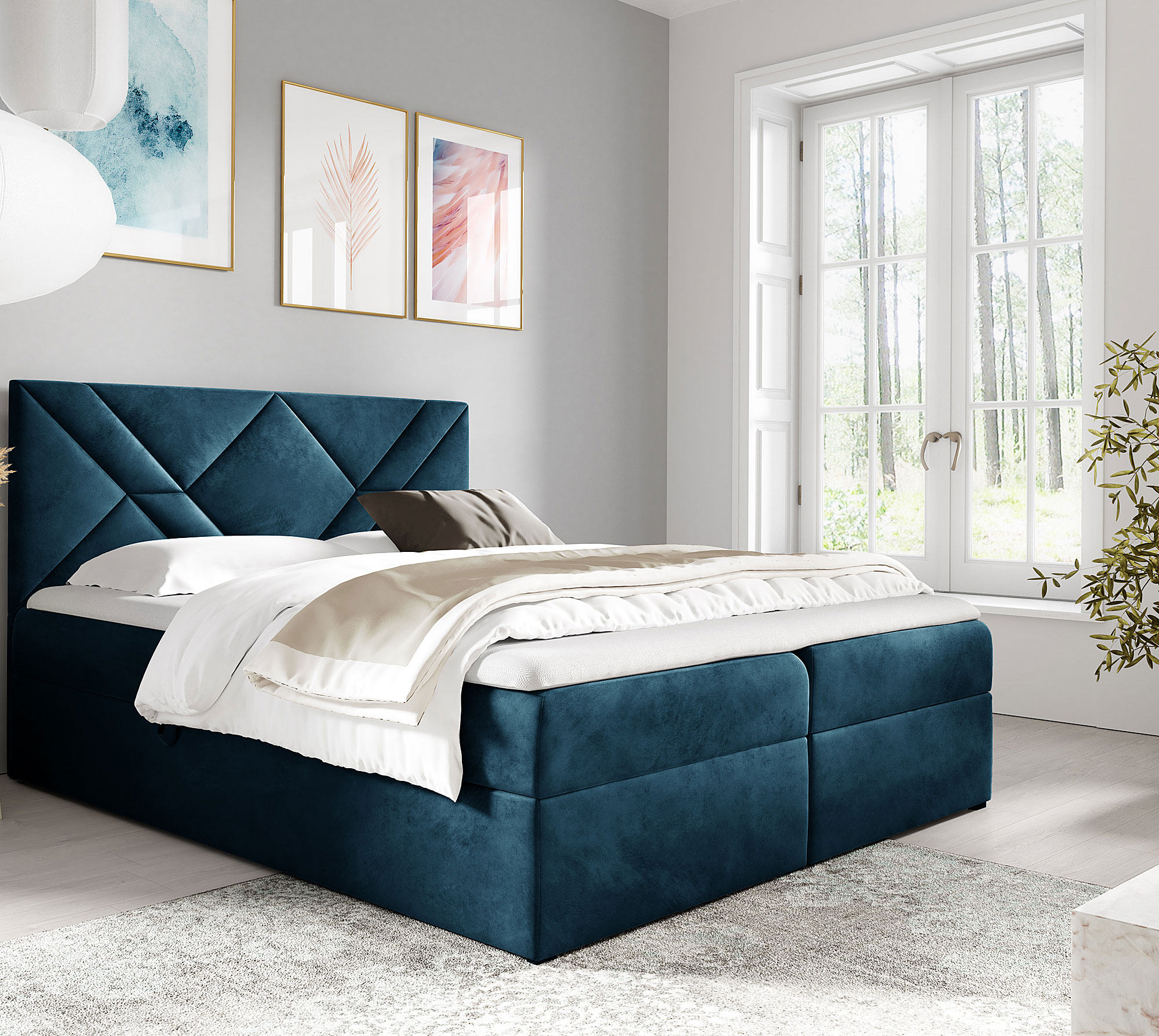 Aranżacja wnętrza z granatowym łóżkiem Velvaro