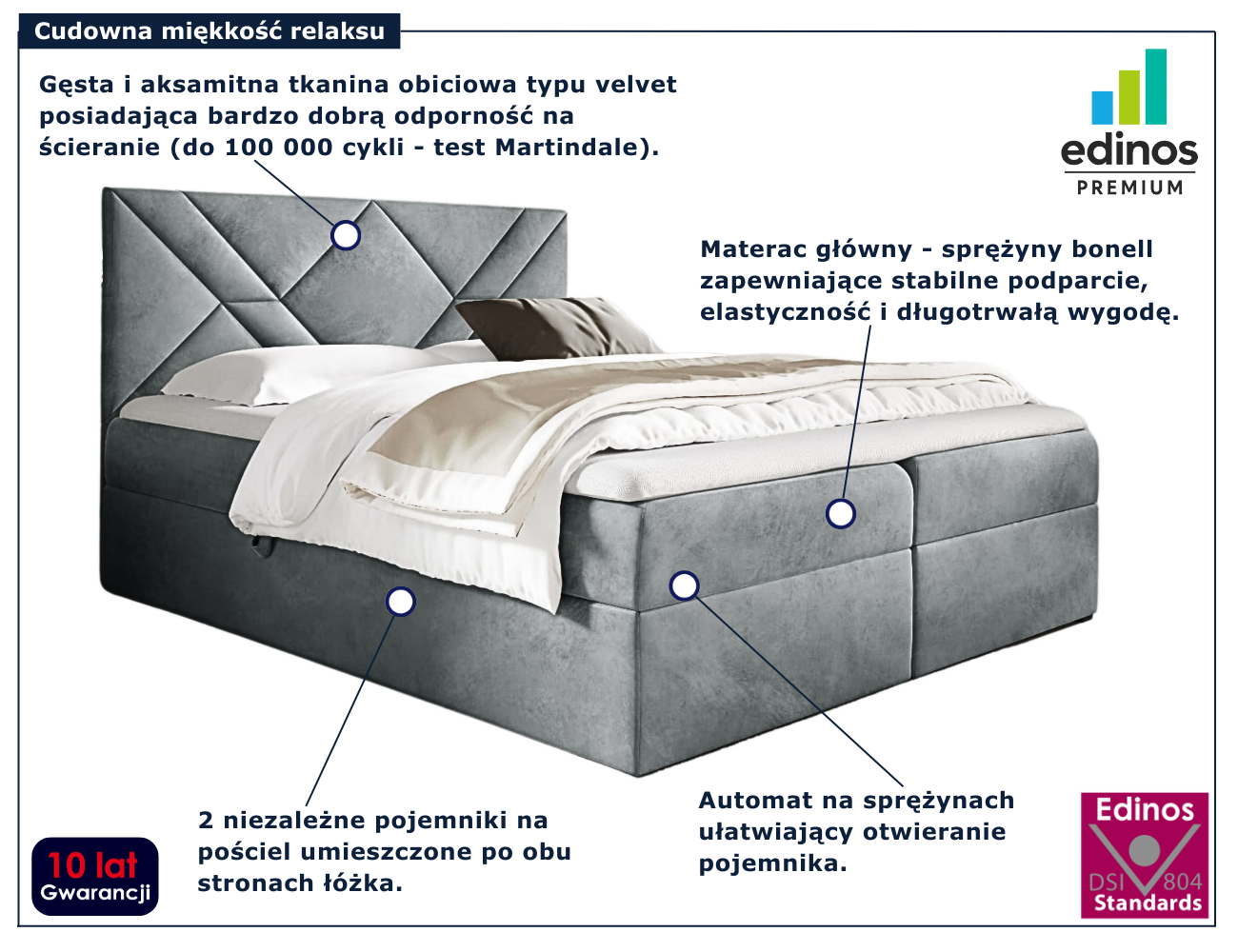 Szare nowoczesne łóżko kontynentalne Velvaro