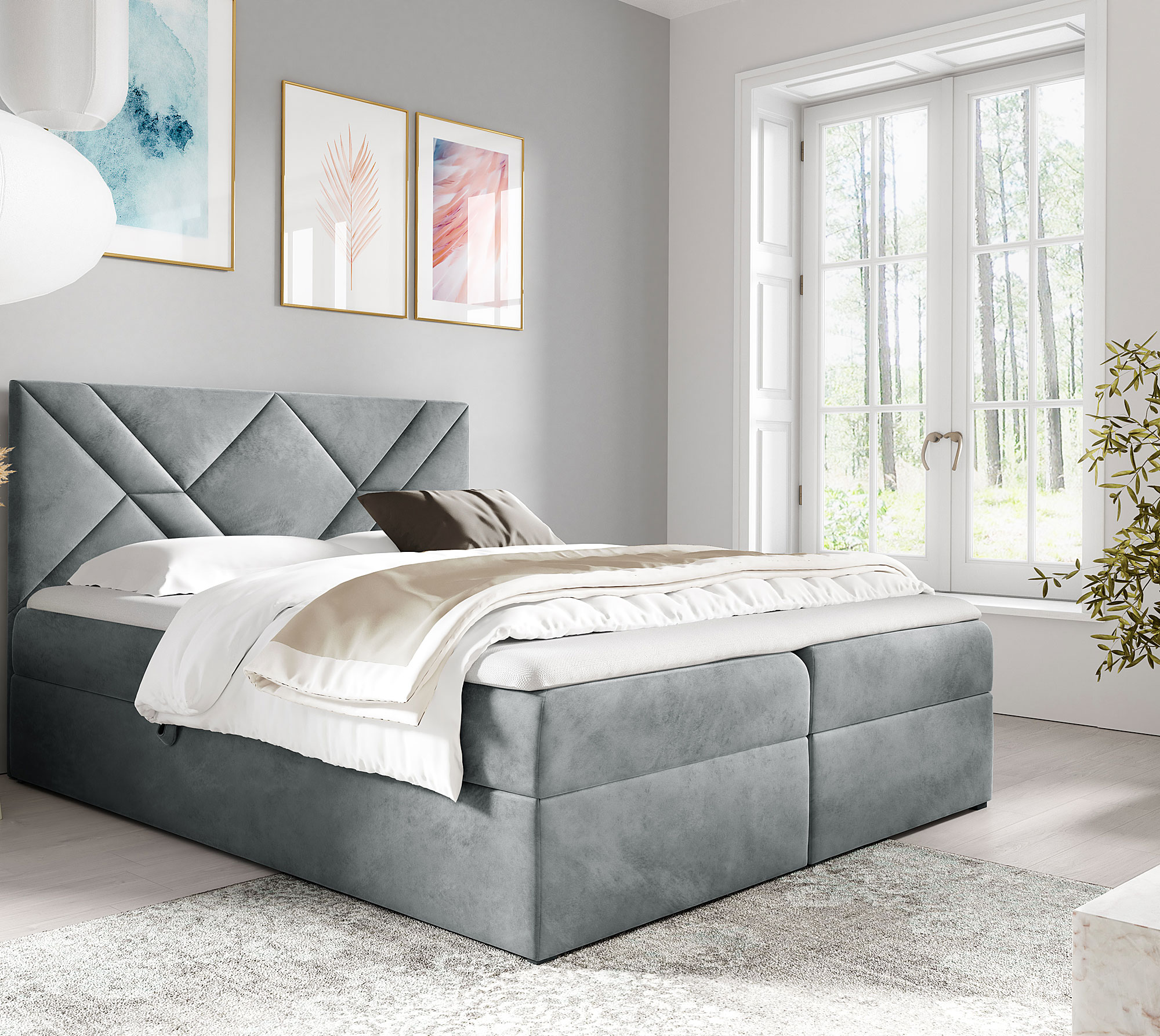 Aranżacja wnętrza z szarym łóżkiem Velvaro