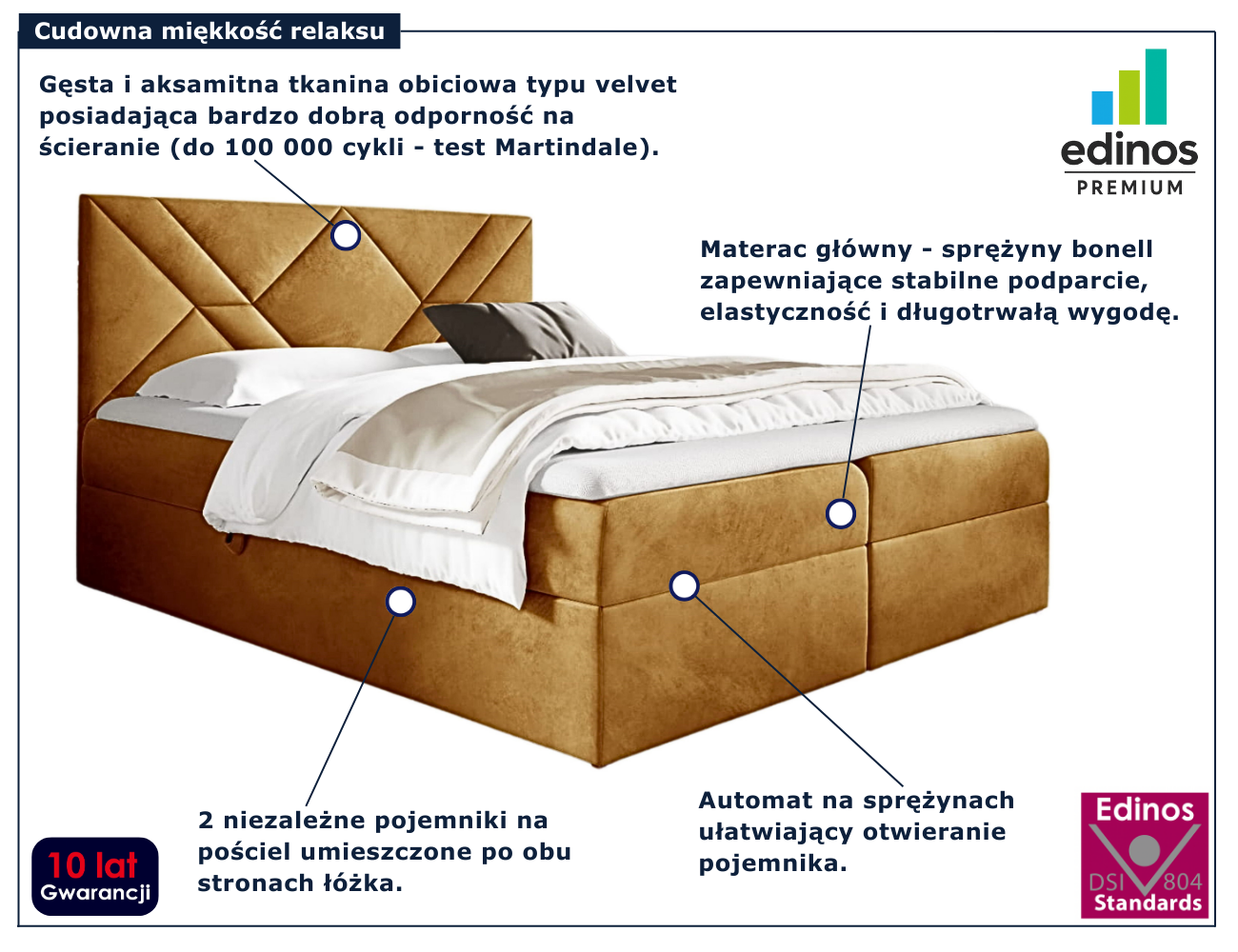 Musztardowe nowoczesne łóżko kontynentalne Velvaro