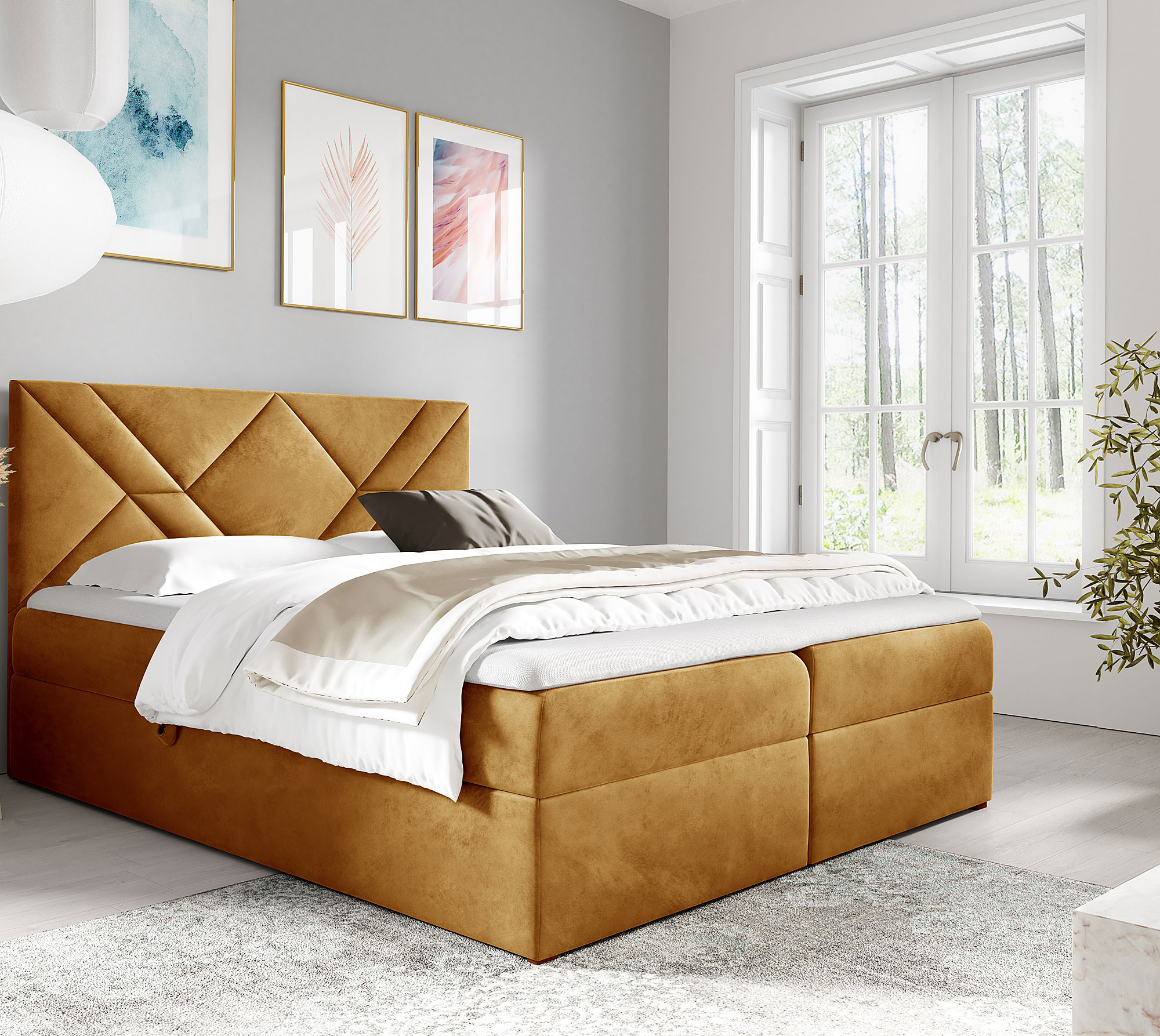 Aranżacja wnętrza z musztardowym łóżkiem Velvaro