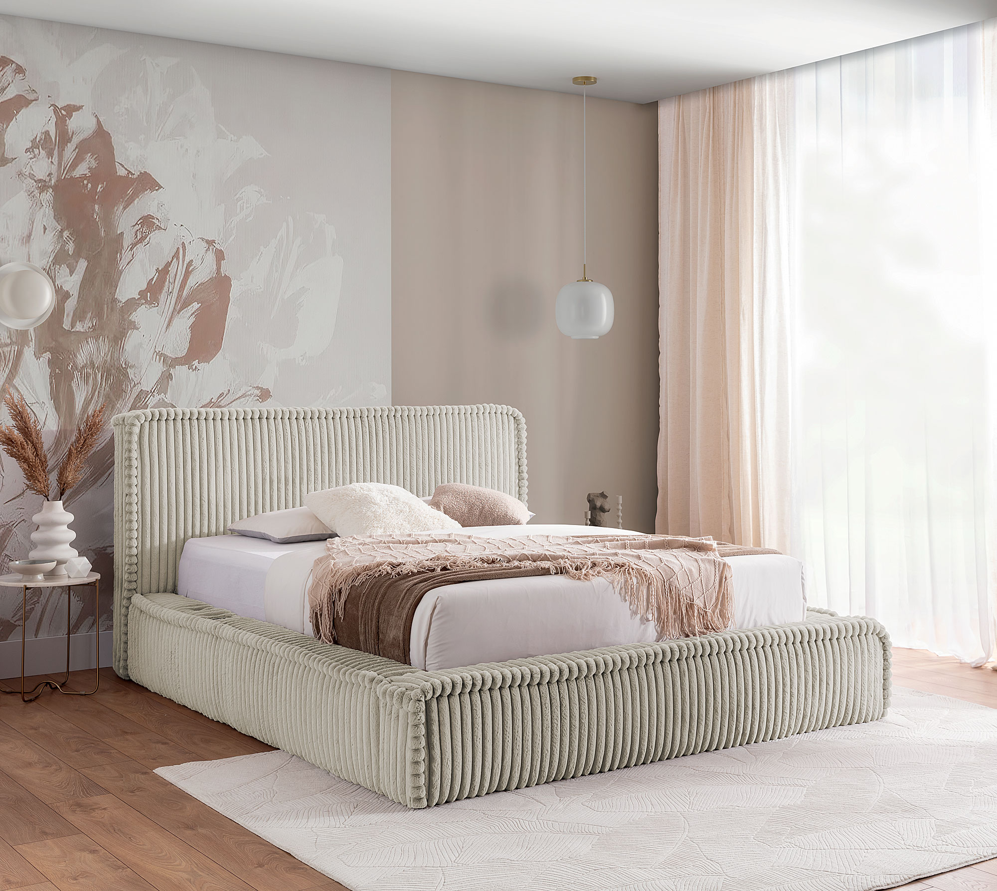 Aranżacja wnętrza z beżowym łóżkiem Cordelio