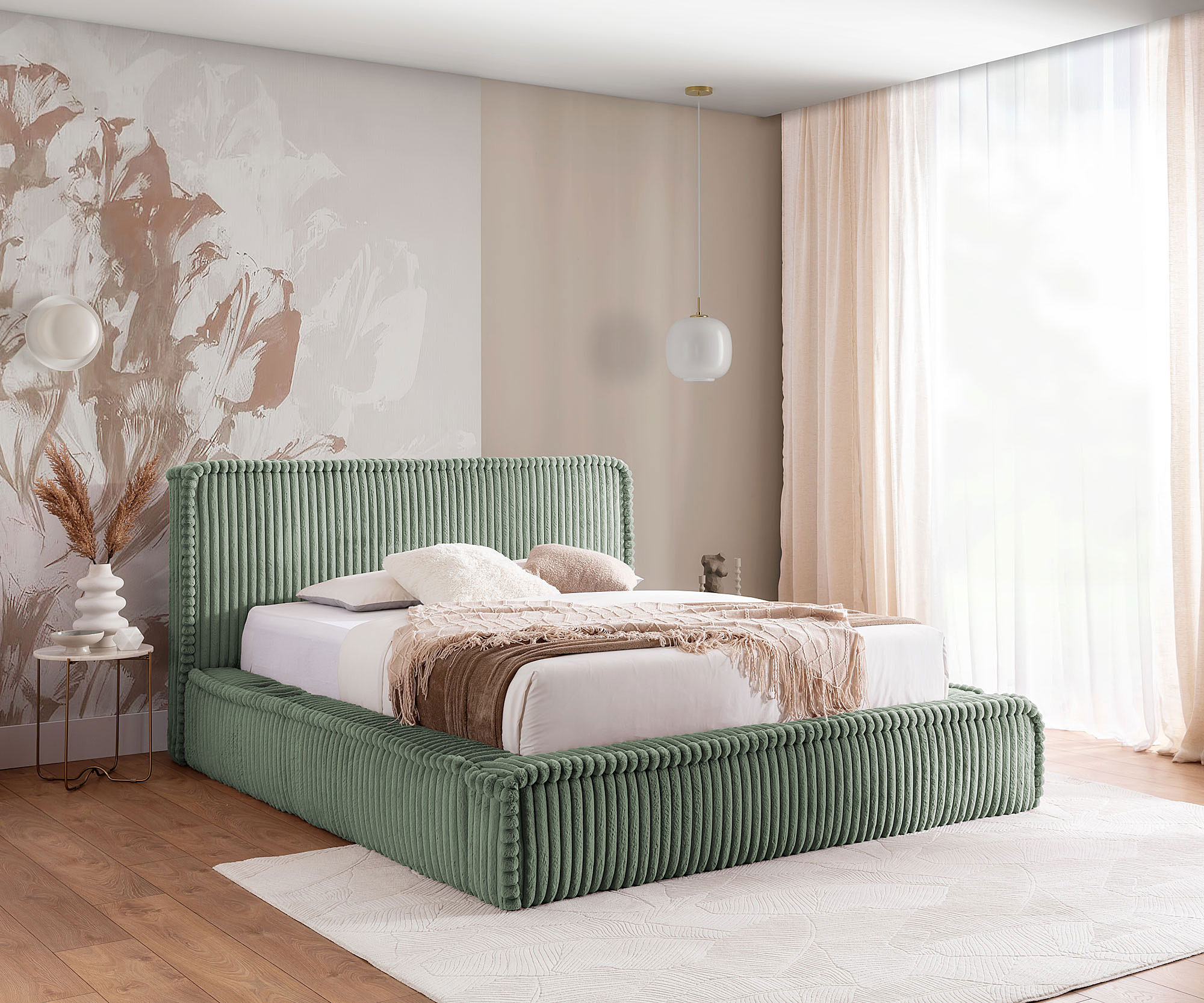 Aranżacja wnętrza z zielonym łóżkiem Cordelio