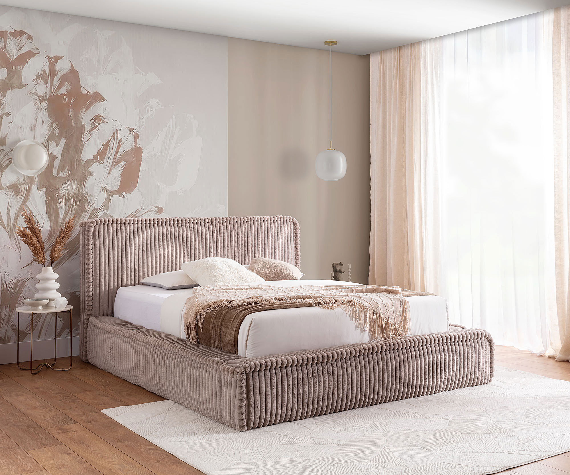 Aranżacja wnętrza z jasnobrązowym łóżkiem Cordelio