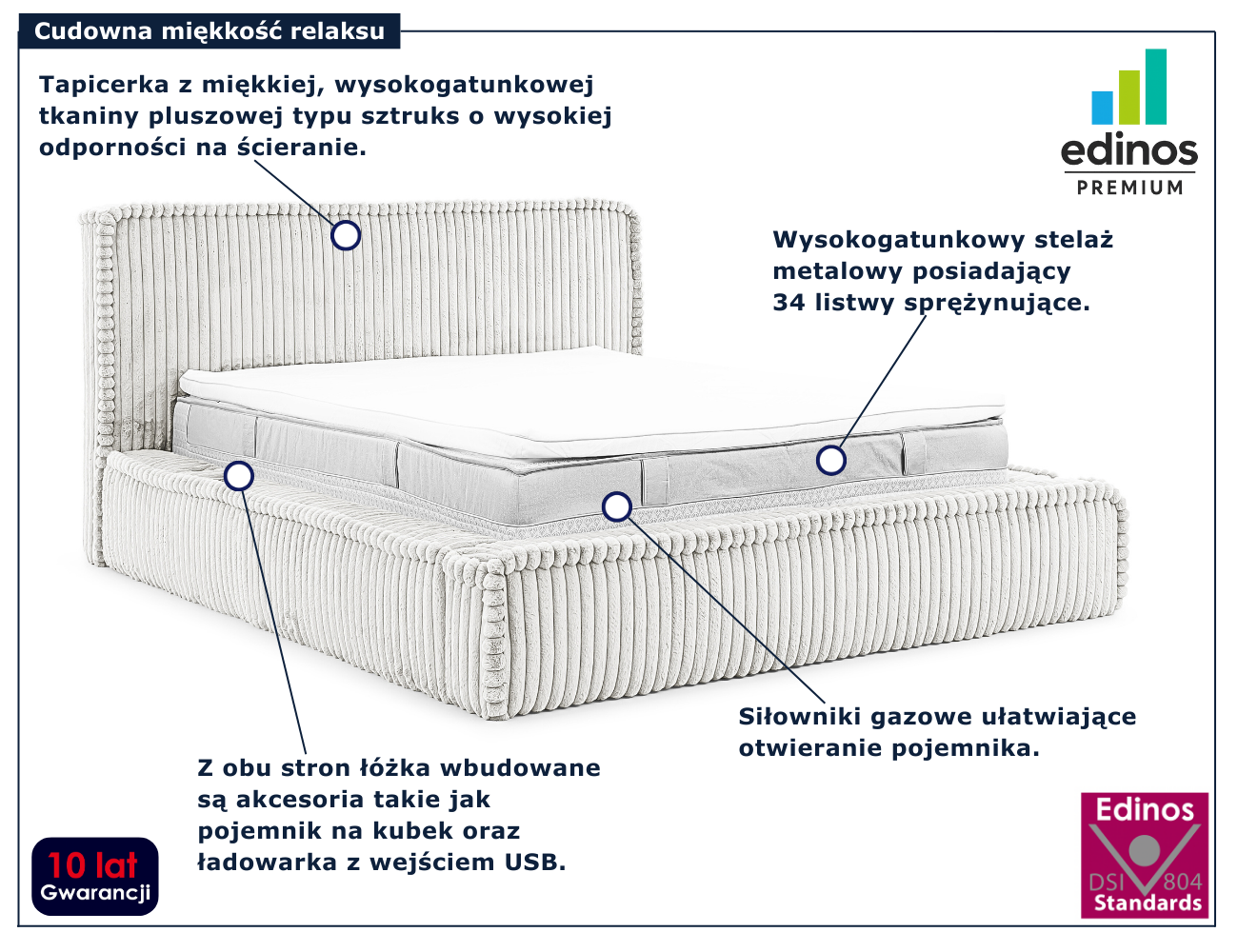 Jasnoszare nowoczesne łóżko sztruksowe Cordelio