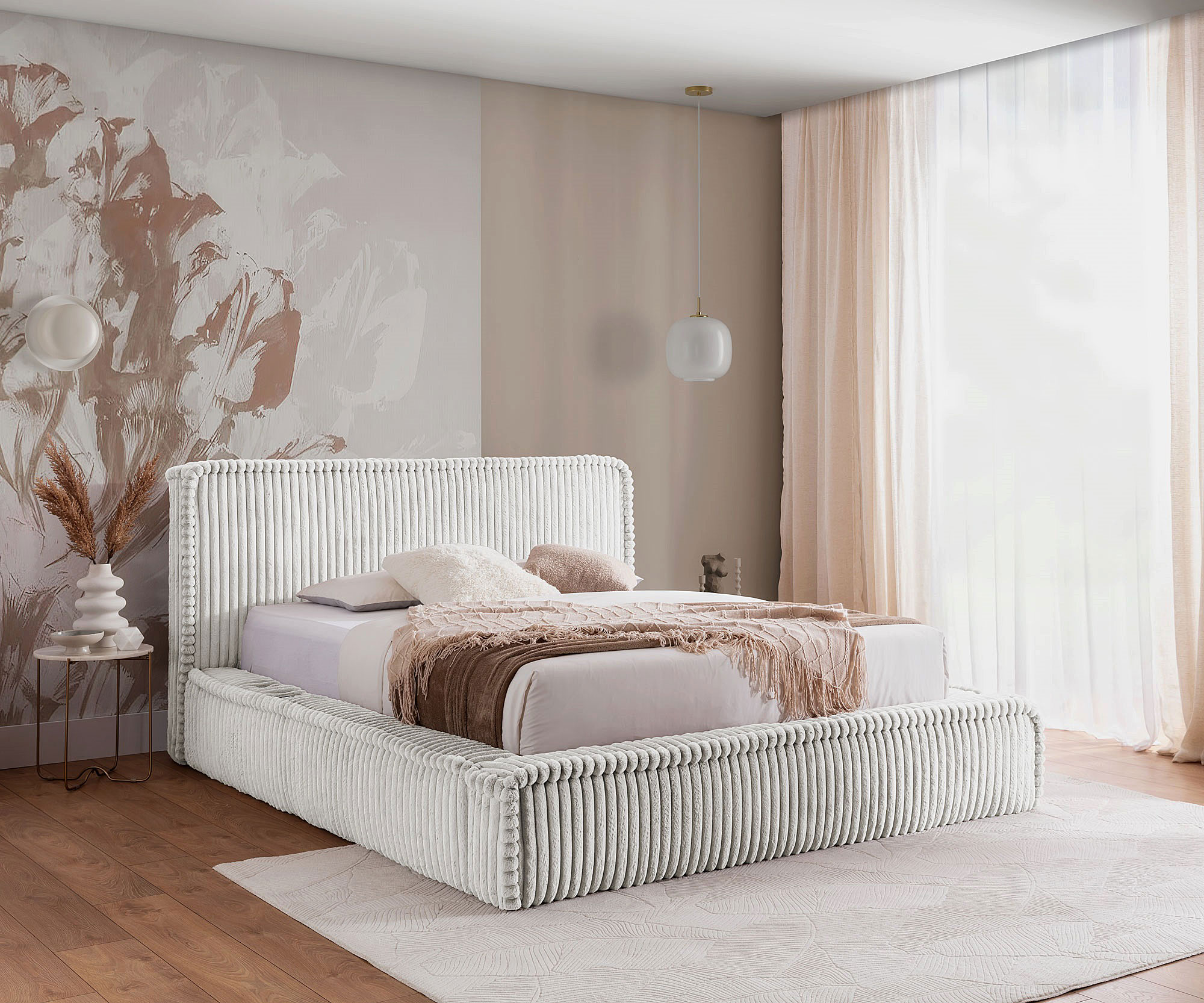 Aranżacja wnętrza z jasnoszarym łóżkiem Cordelio