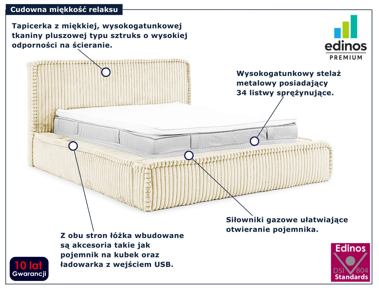 Kremowe nowoczesne łóżko sztruksowe Cordelio