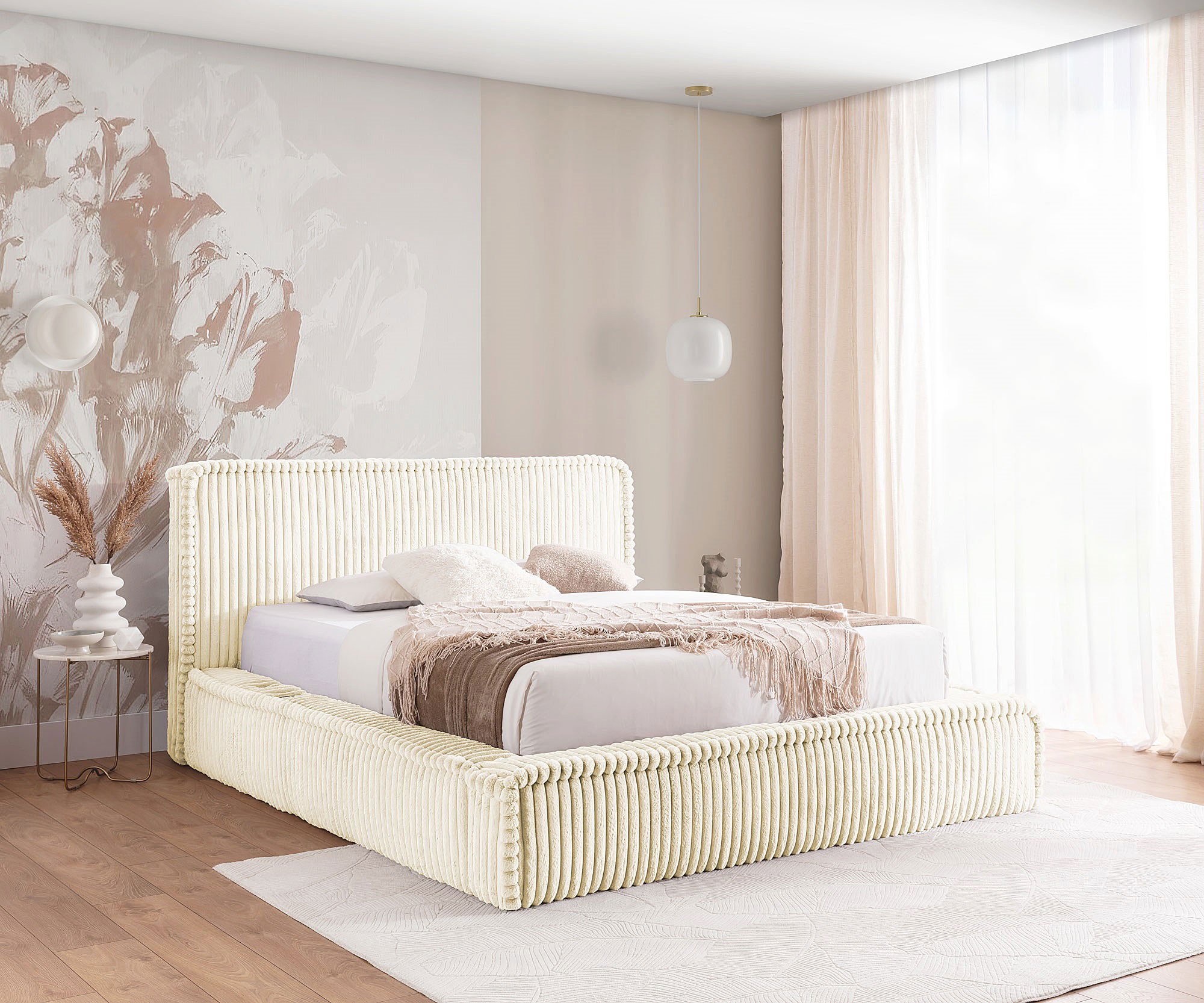 Aranżacja wnętrza z kremowym łóżkiem Cordelio