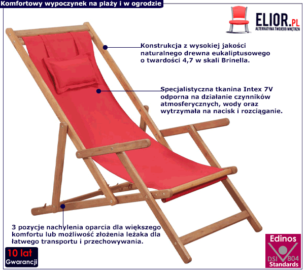 Czerwony składany leżak plażowy Inglis