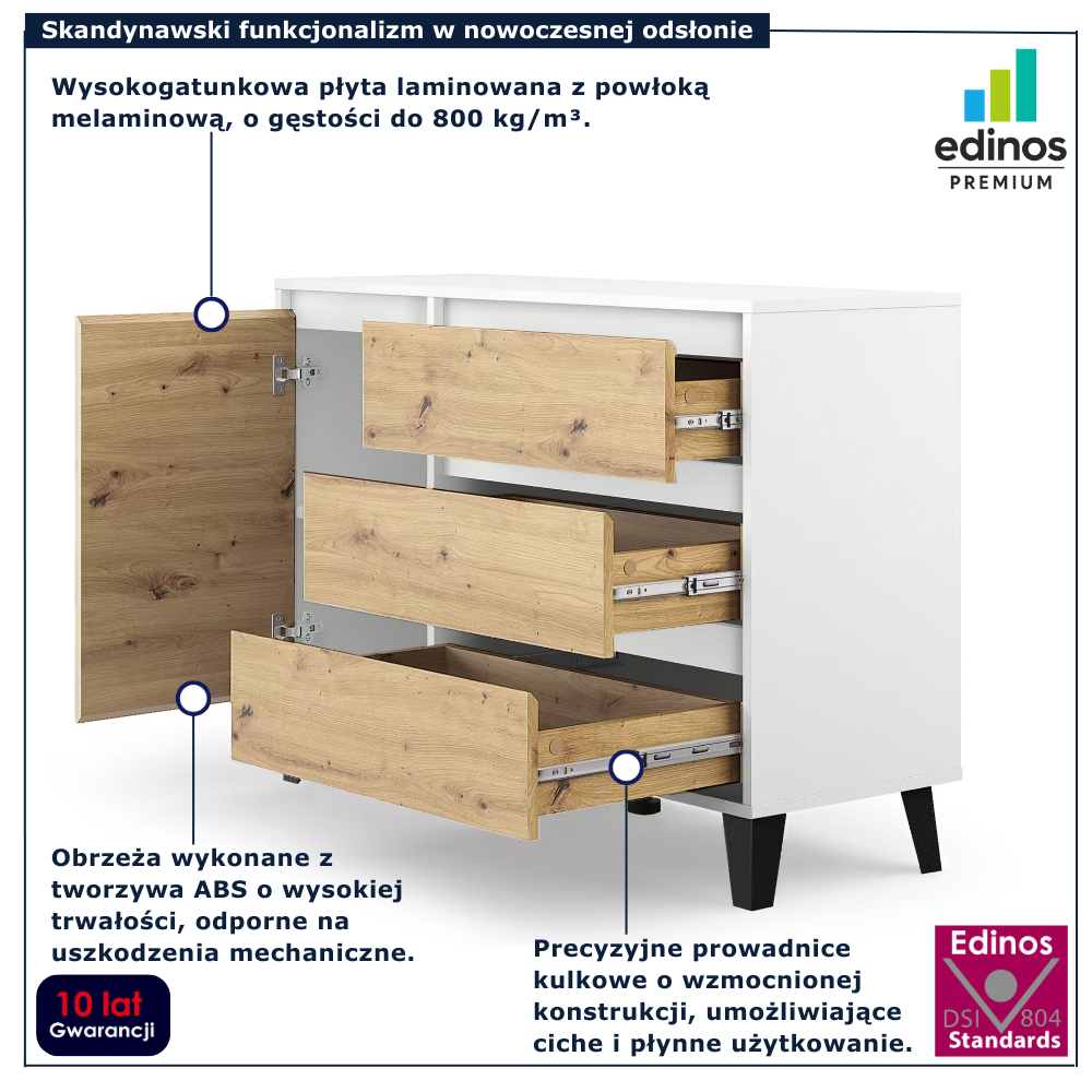 Komoda z szufladami Bilgo 3X biały dab artisan
