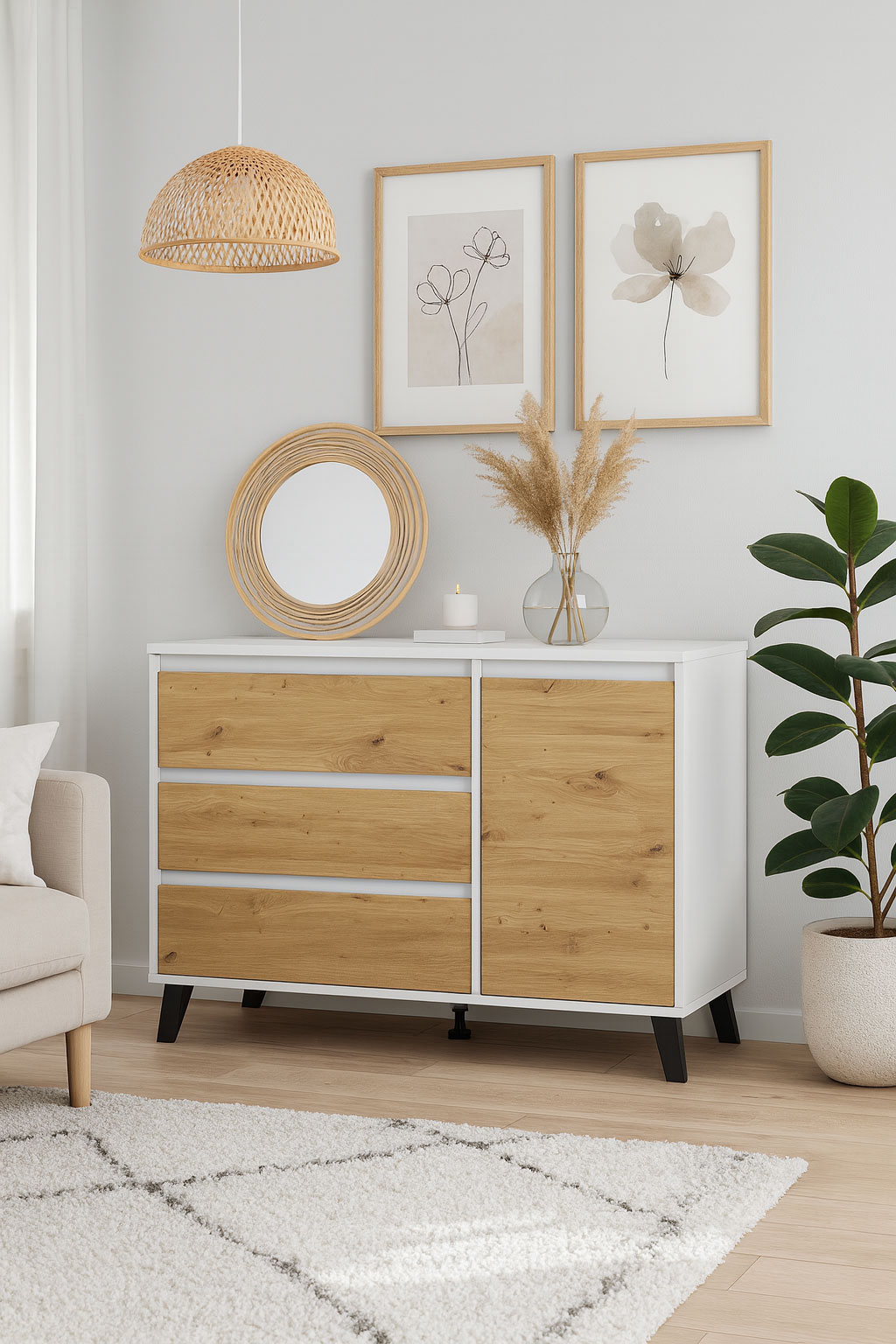 Wnętrze z komodą Bilgo 3X biały dąb artisan