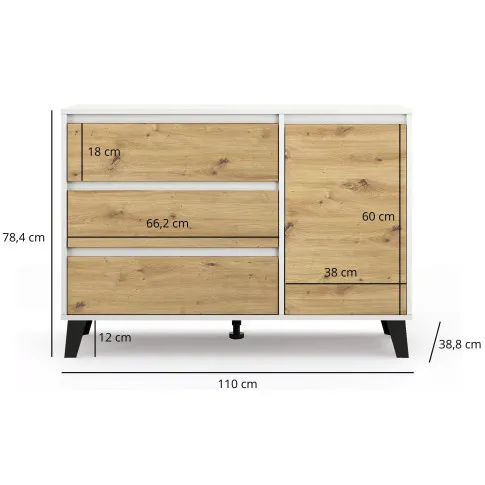 Wymiary komody Bilgo 3X biały dąb artisan