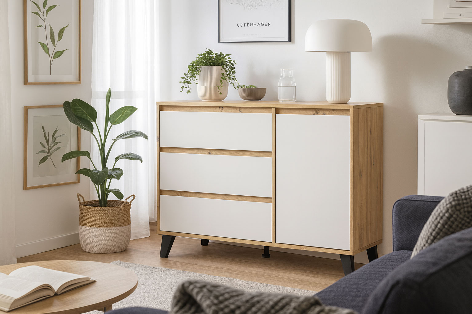 Salon skandynawski z komodą Bilgo 3X dąb artisan biały