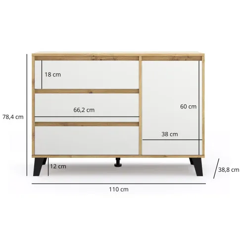 Wymiary komody Bilgo 3X dąb artisan + biały