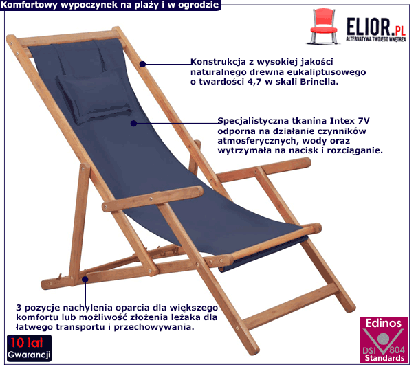 Granatowy drewniany leżak plażowy Inglis