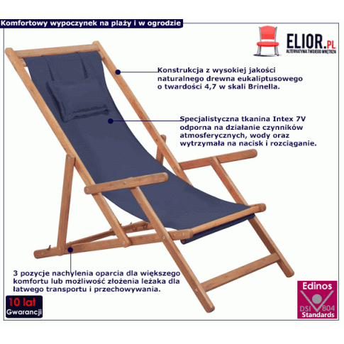 Fotografia Granatowy drewniany leżak plażowy - Kane z kategorii Leżaki ogrodowe