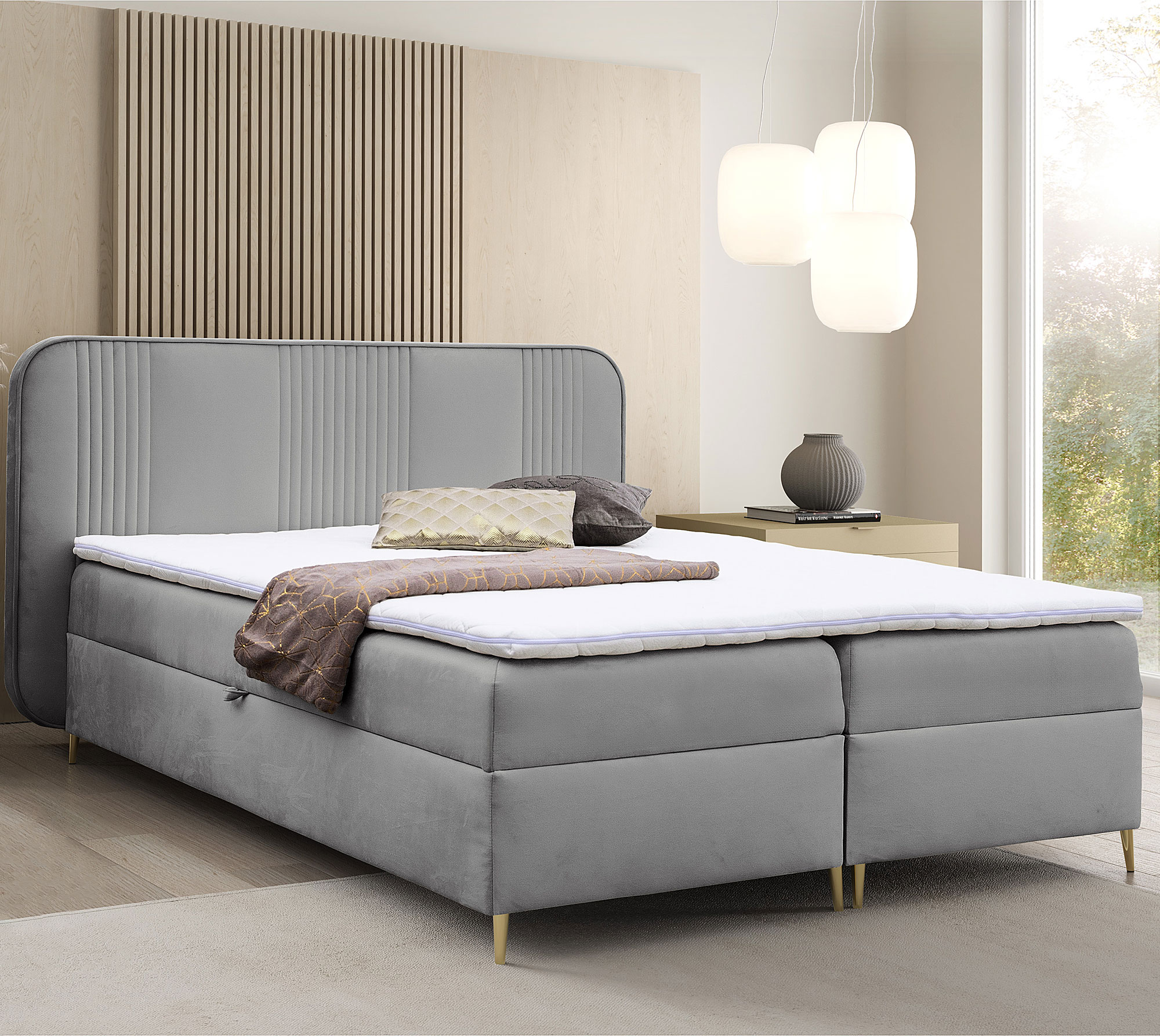 Aranżacja wnętrza z szarym łóżkiem Averell