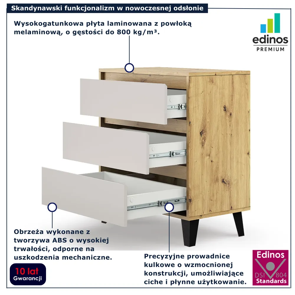 Skandynawska komoda z 3 szufladami Bilgo 4X dąb artisan kaszmir