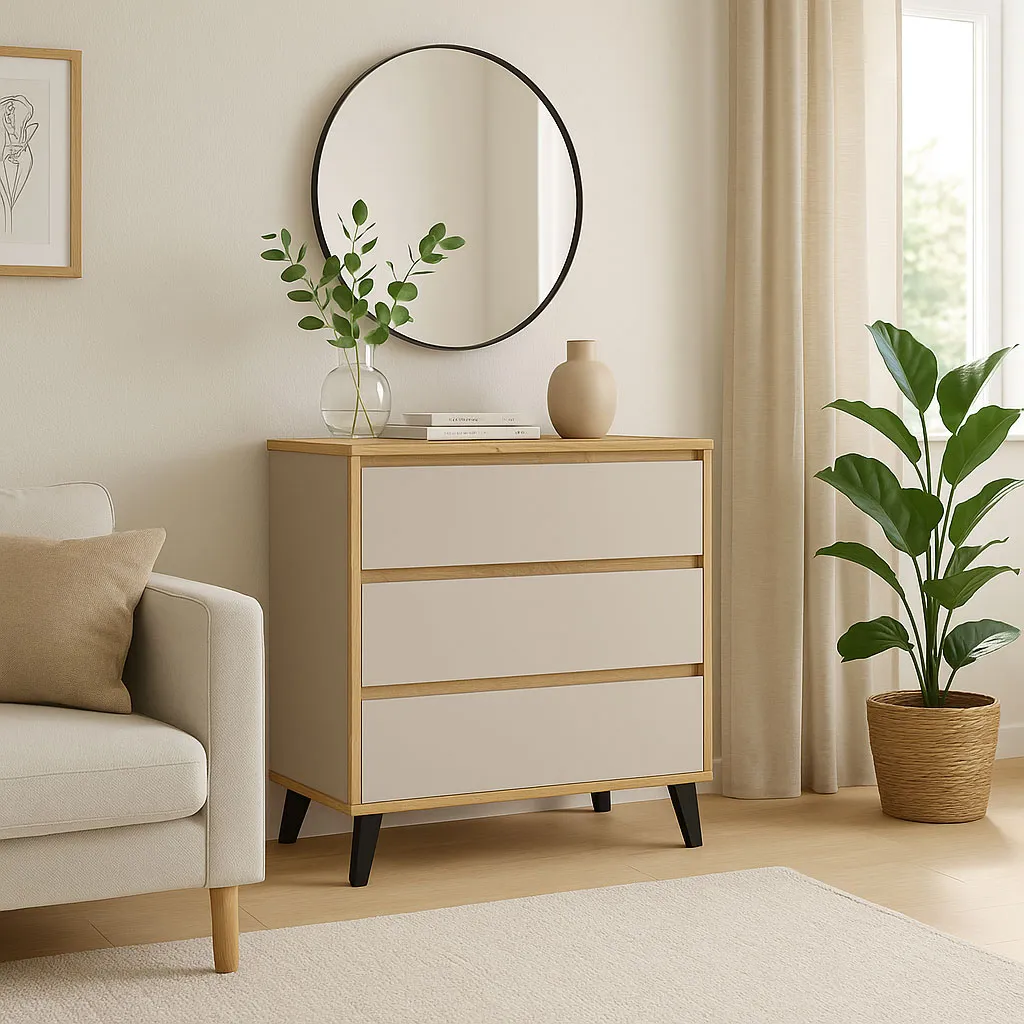 Aranżacja z skandynawską komodą Bilgo 4X dąb artisan kaszmir