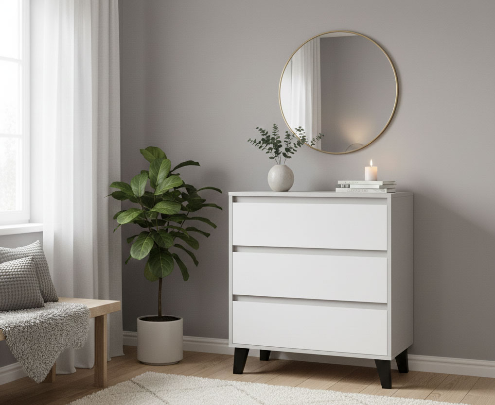 Salon skandynawski z wykorzystaniem komody Bilgo 4X kaszmir + biały