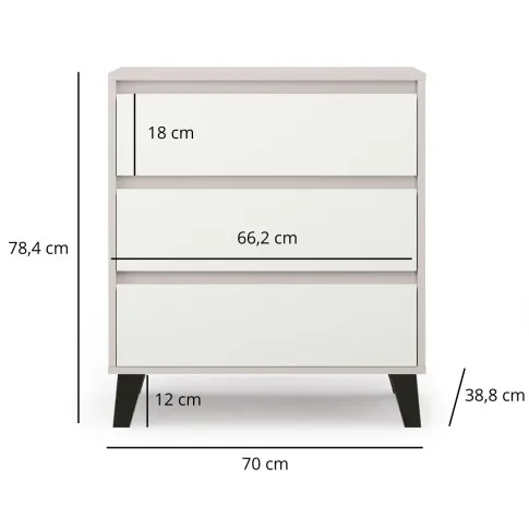 Wymiary komody na nóżkach Bilgo 4X kaszmir + biały
