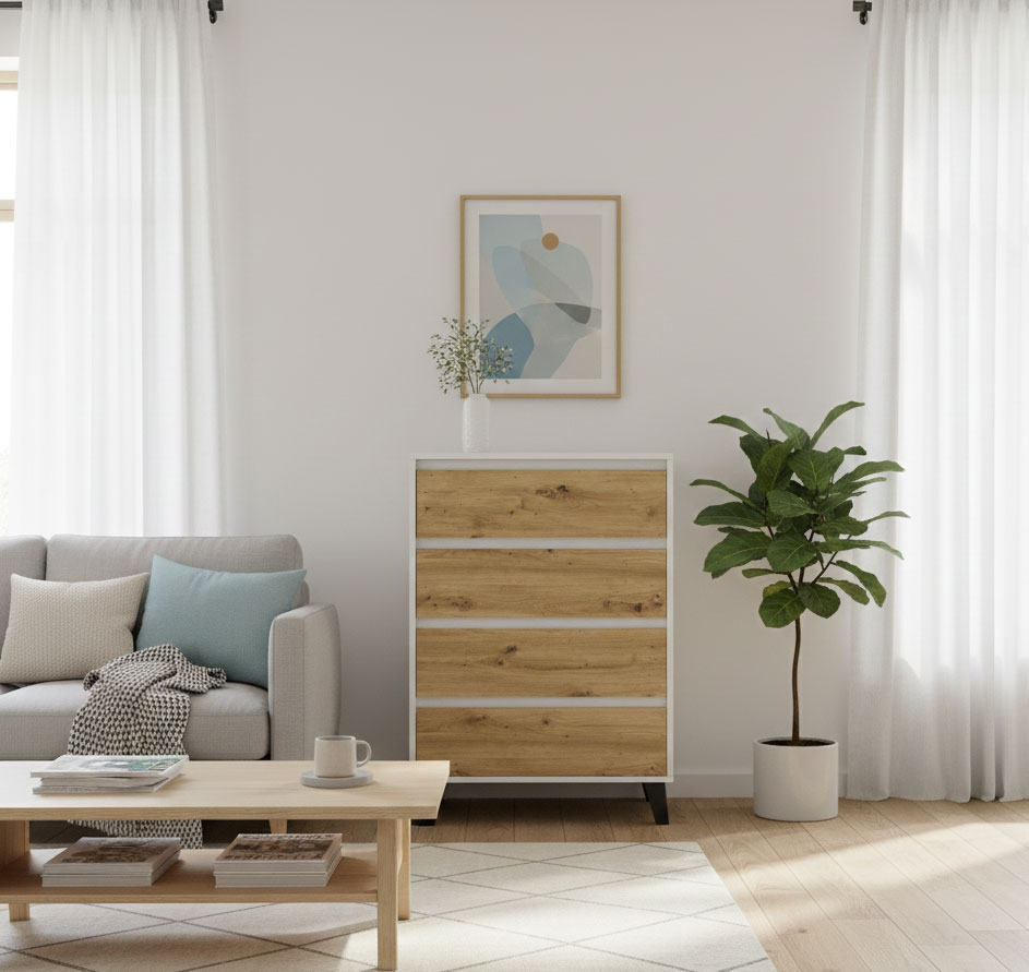 Aranżacja z wykorzystaniem komody w stylu skandynawskim Bilgo 5X biały + dąb artisan