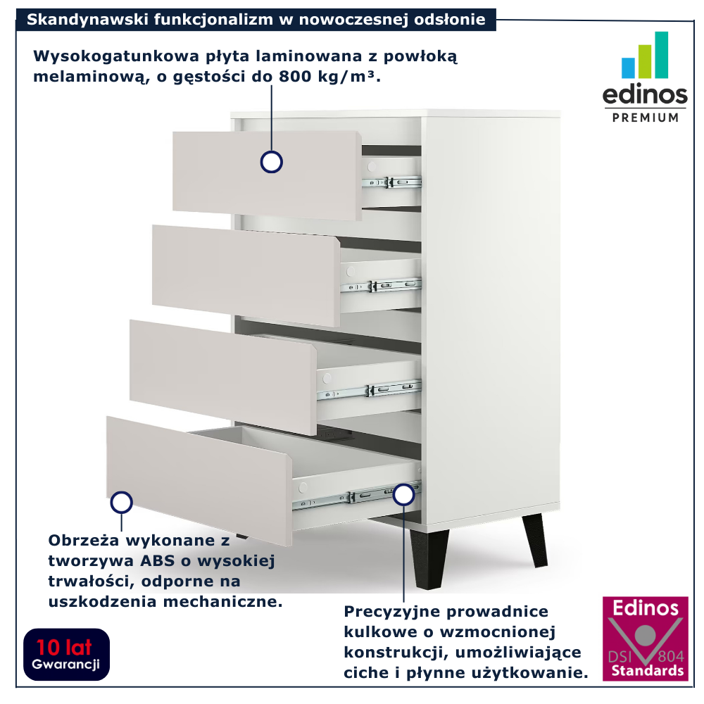 Skandynawska komoda do sypialni Bilgo 5X biały + kaszmir