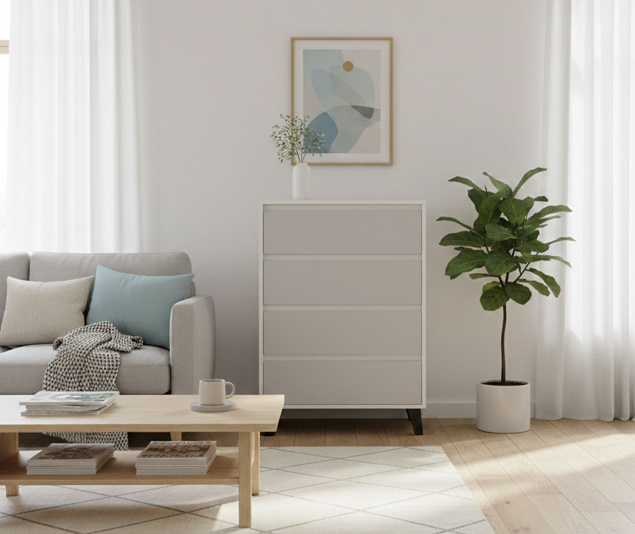 Aranżacja z komoda z 4 szufladami Bilgo 5X biały + kaszmir