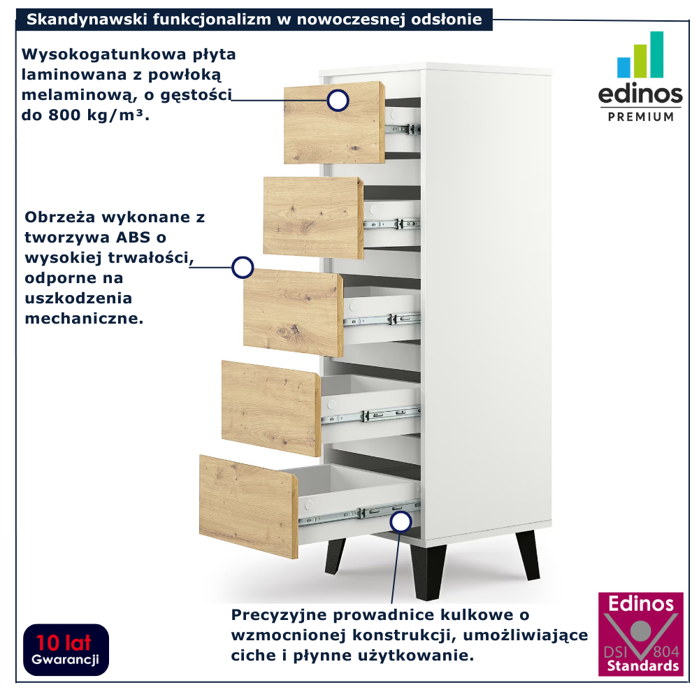 Wysoka komoda na nóżkach z 5 szufladami Bilgo 6X biały + dąb artisan