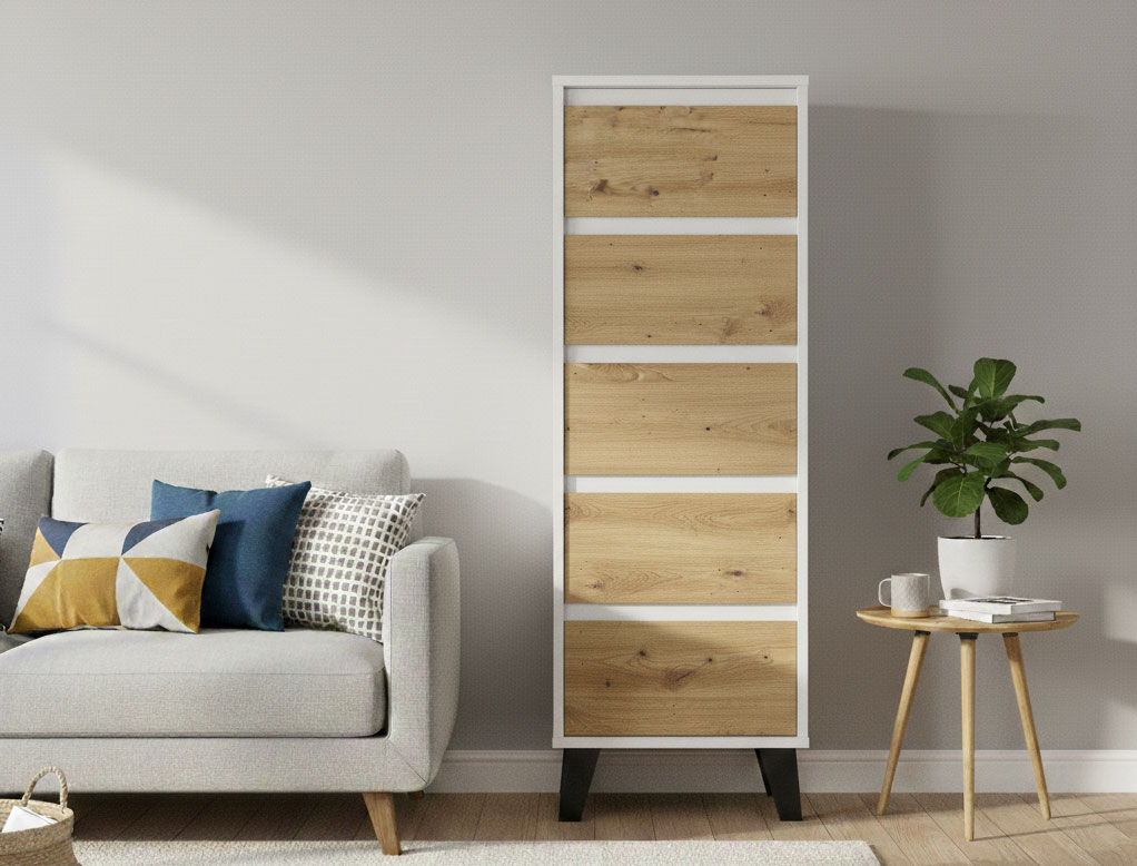 Przykładowa aranżacja z wykorzystaniem komody z 5 szufladami Bilgo 6X biały dąb artisan