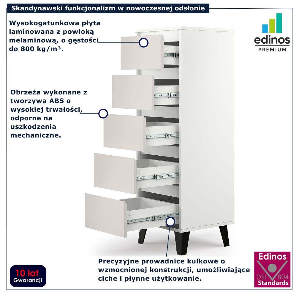 Wysoka komoda skandynawska z 5 szufladami Bilgo 6X biały + kaszmir