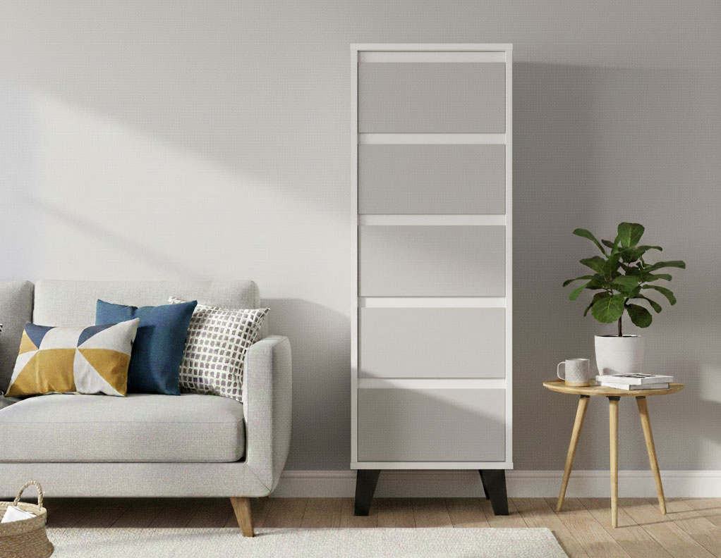 Salon skandynawski z wykorzystaniem komody z 5 szufladami Bilgo 6X biały kaszmir