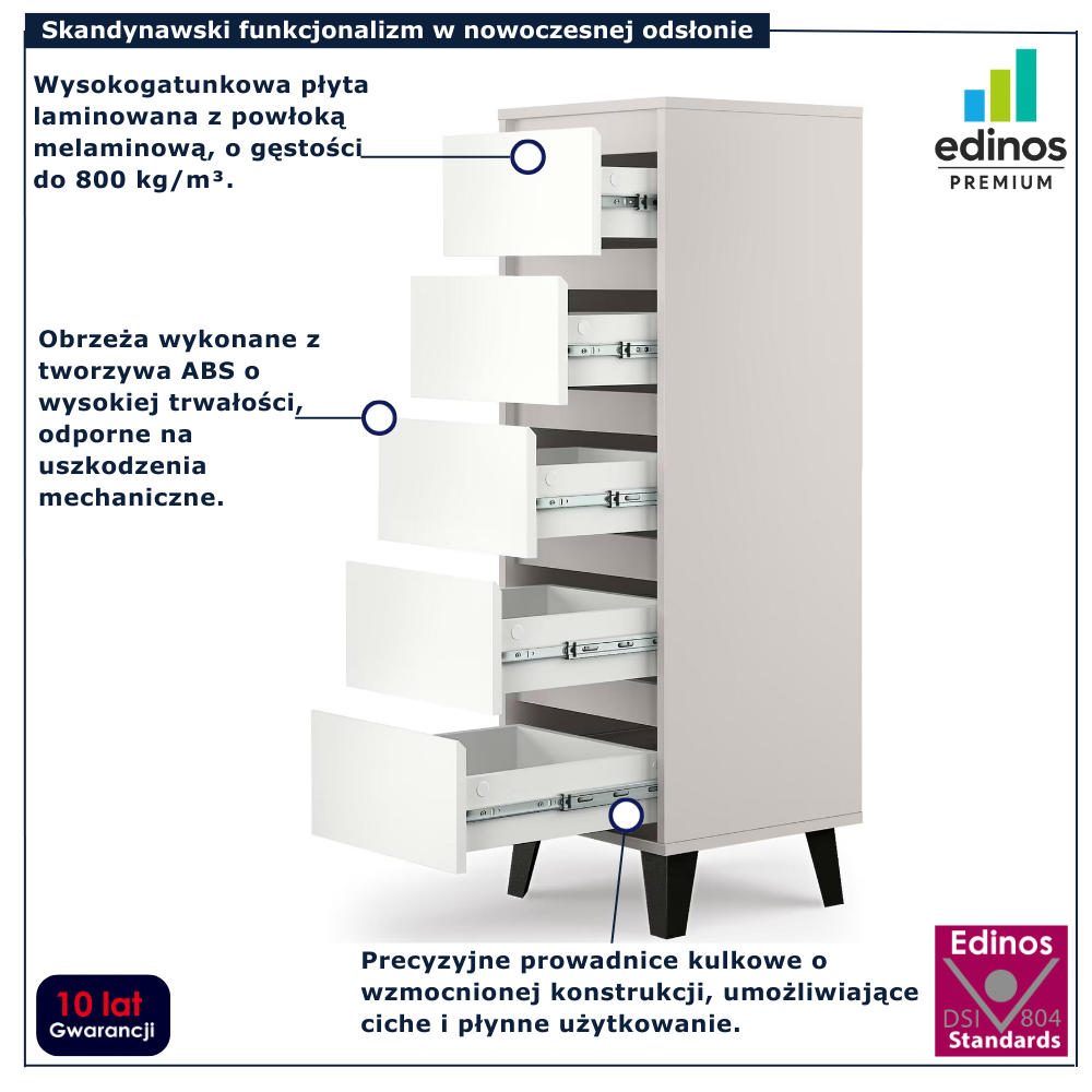 Komoda wysoka z 5 szufladami Bilgo 6X kaszmir + biały
