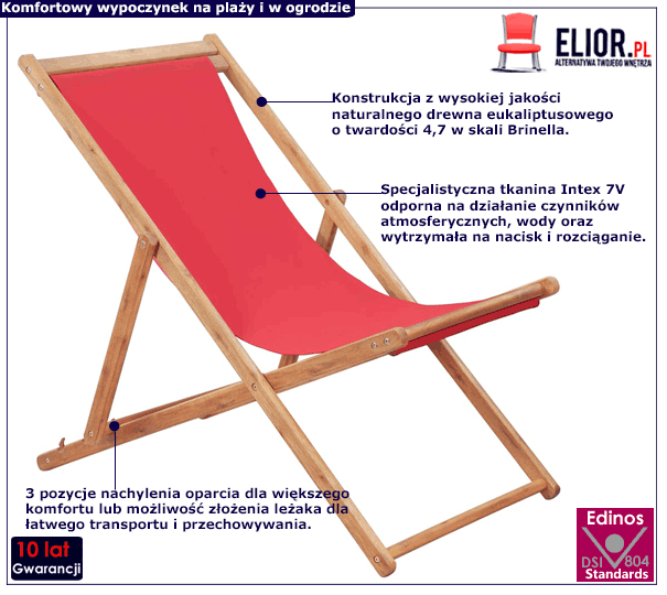 Czerwony plażowy leżak z drewna Inglis 2X