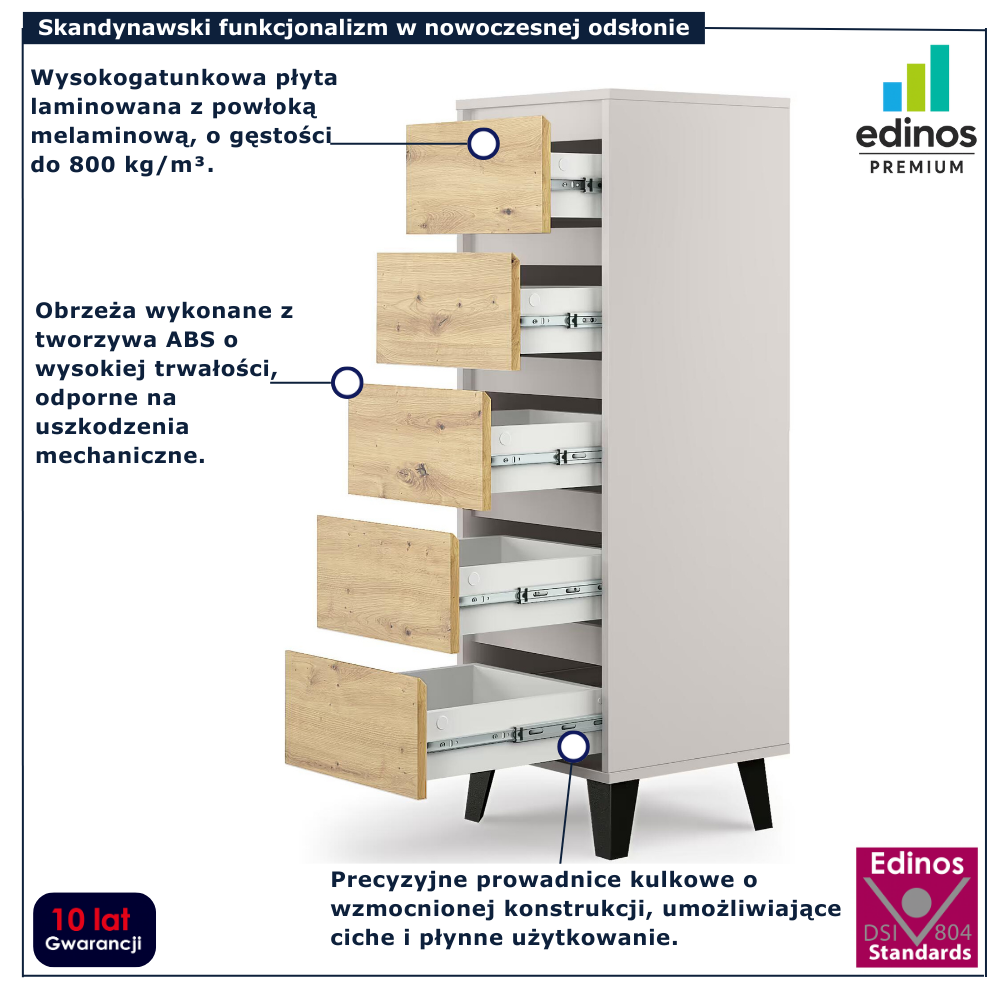 Komoda skandynawska z 5 szufladami Bilgo 6X kaszmir + dąb artisan