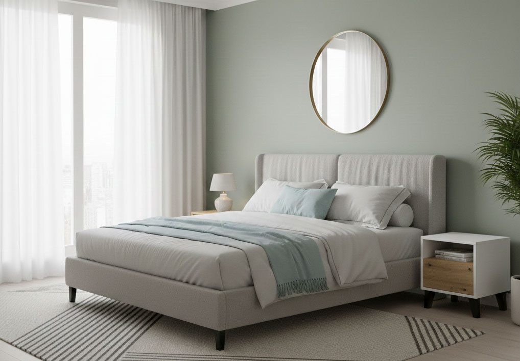 Sypialnia z wykorzystaniem szafki nocnej Bilgo 7X biały + dąb artisan