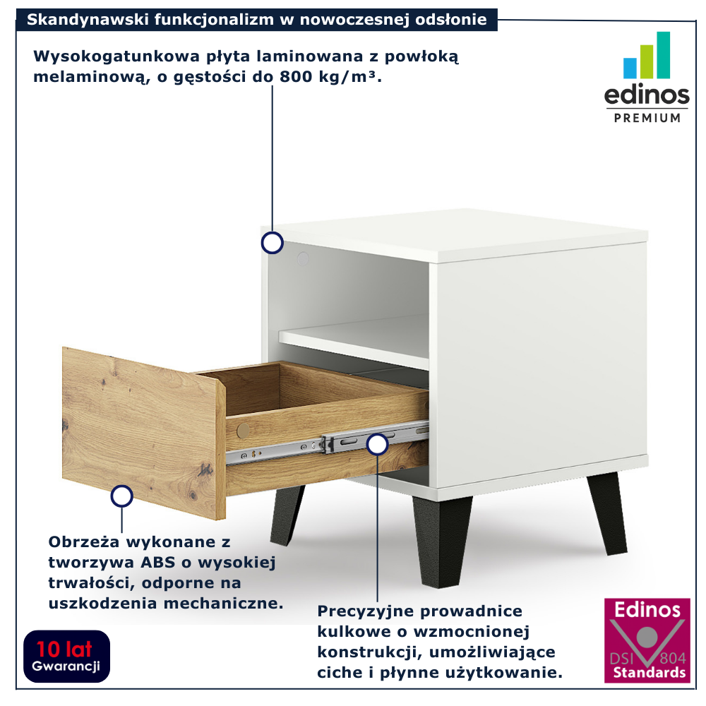 Skandynawski stolik nocny z szufladą Bilgo 7X biały + dąb artisan