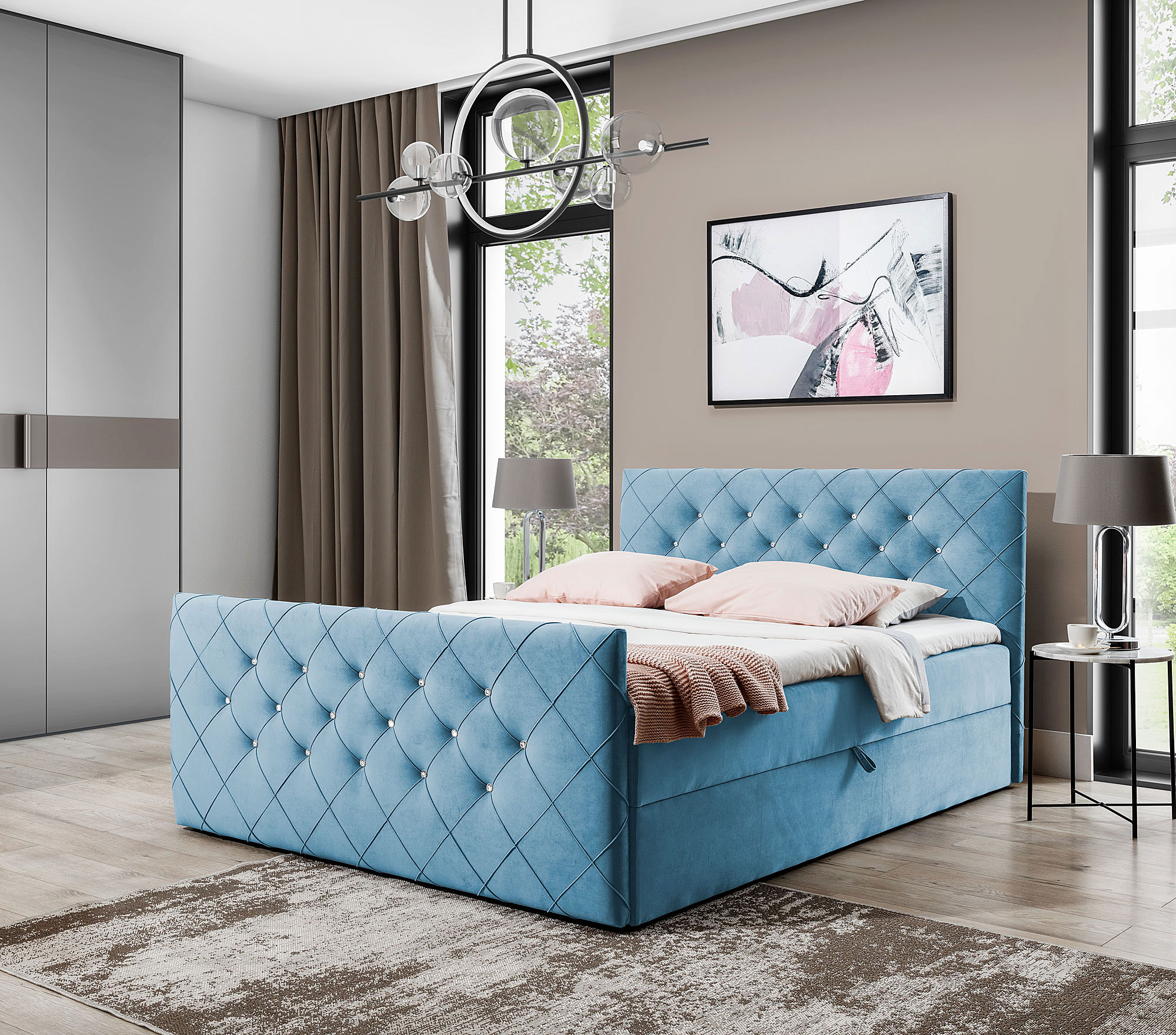Aranżacja wnętrza z niebieskim łóżkiem kontynentalnym Celivera