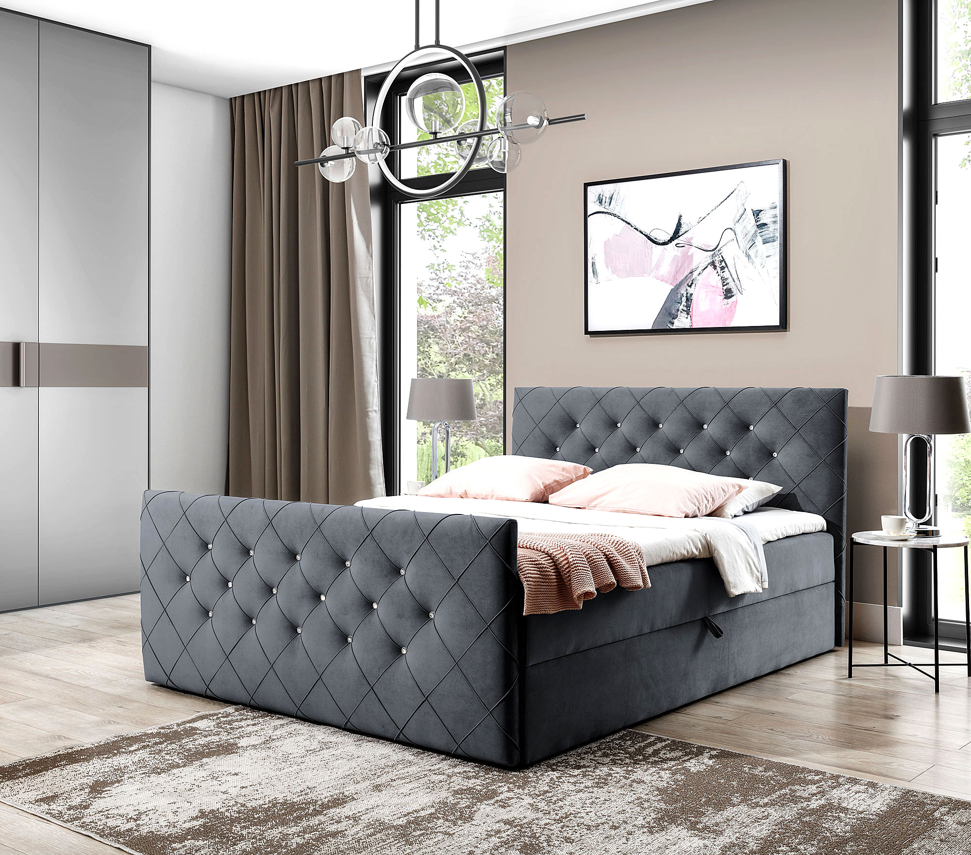 Aranżacja wnętrza z ciemnoszarym łóżkiem kontynentalnym Celivera