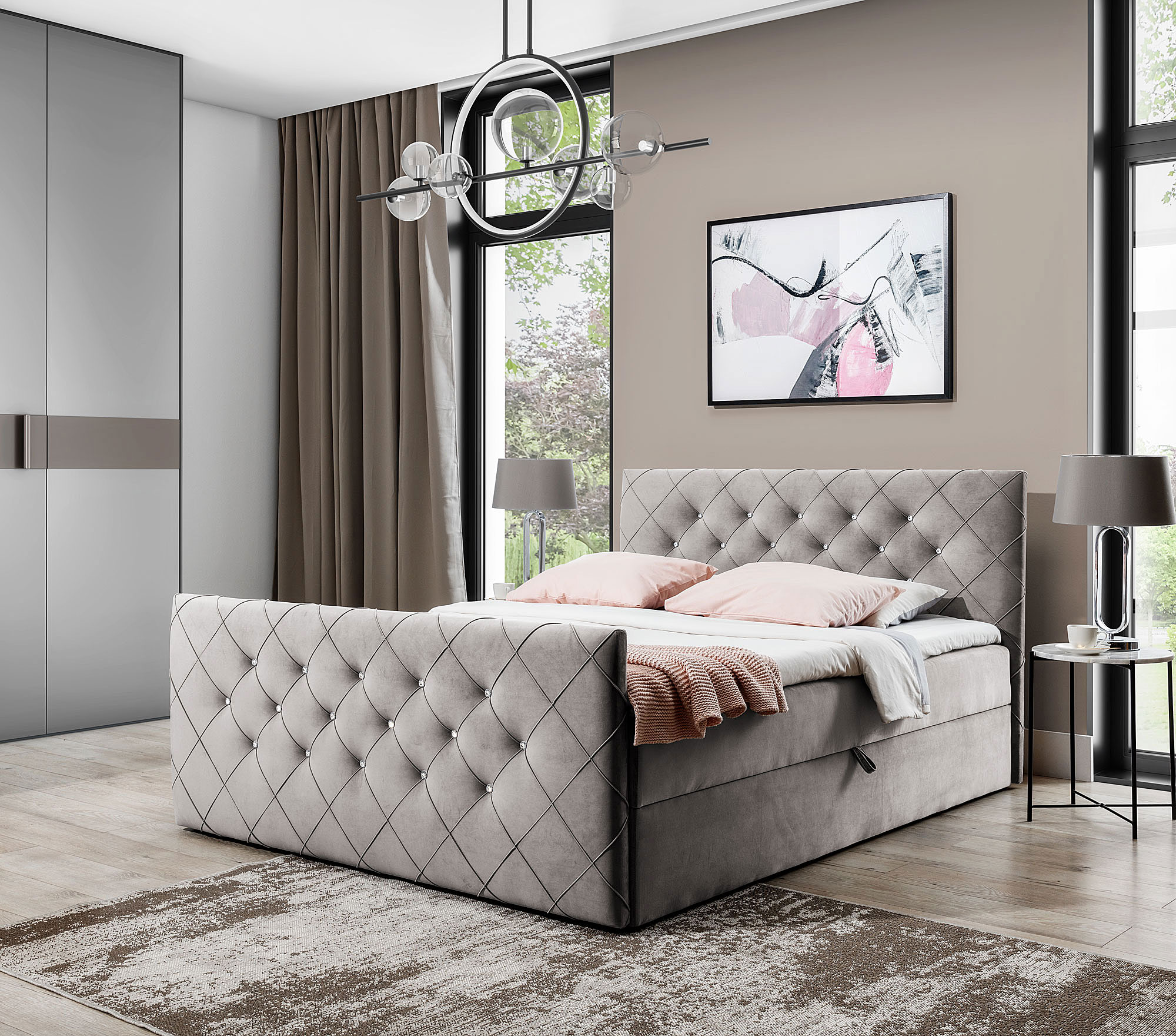 Aranżacja wnętrza z szaro-beżowym łóżkiem kontynentalnym Celivera