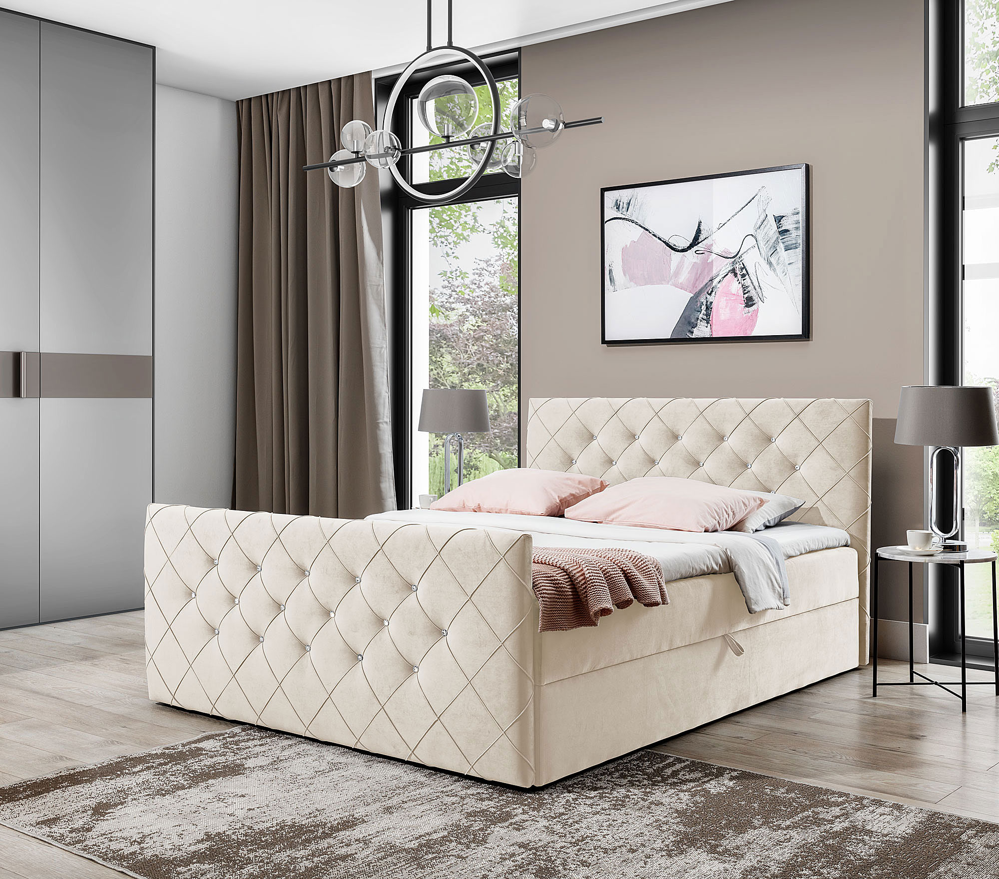 Aranżacja wnętrza z jasnobeżowym łóżkiem kontynentalnym Celivera